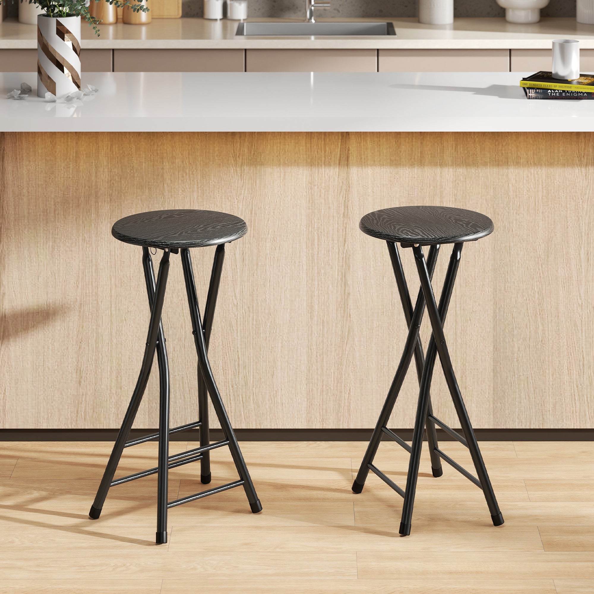 Foldable Bar Stools Set of 2, 24" Counter Height Round Bar Chairs with Double Footrest, Folding Barstools for Kitchen Island, Black