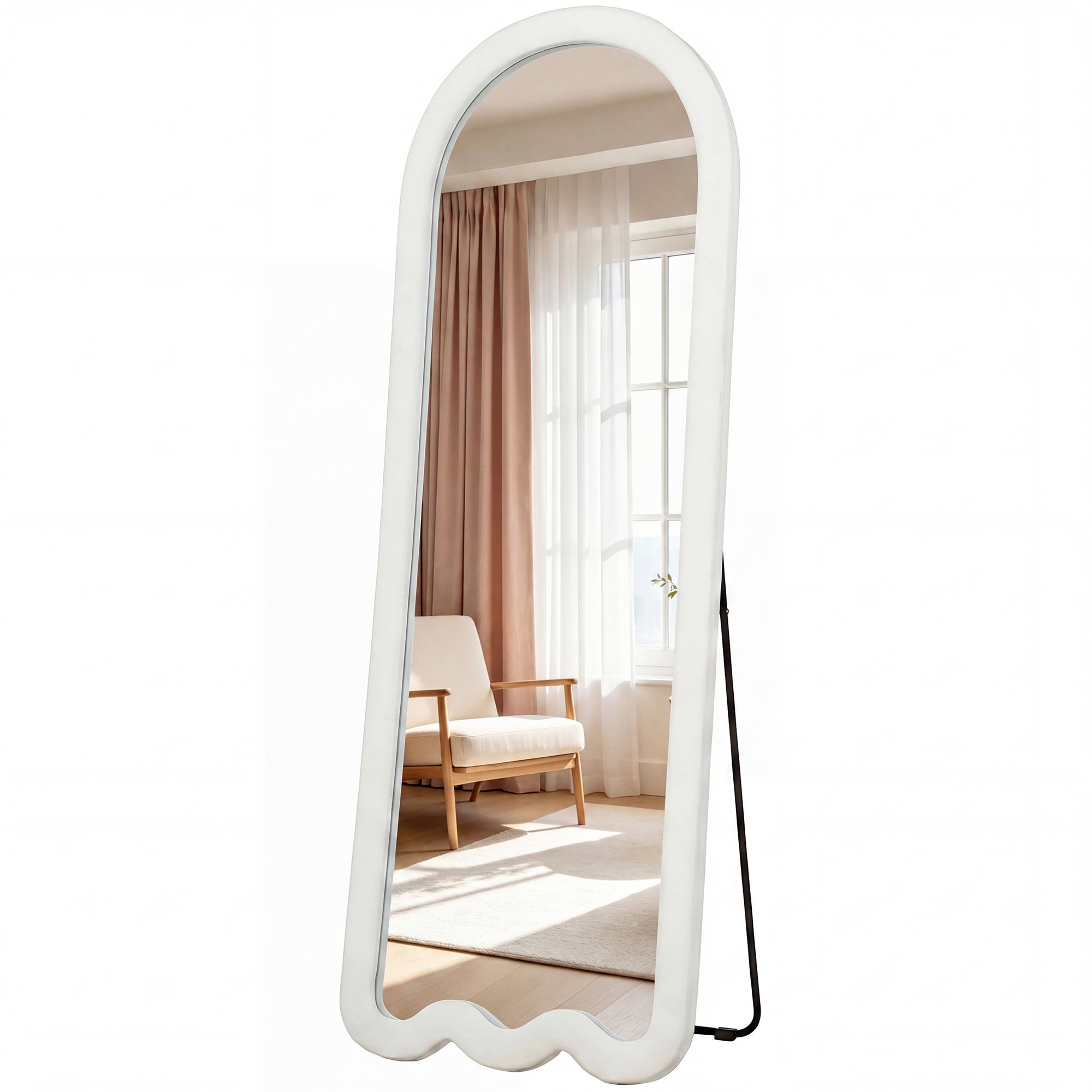 64"x 24" Full Length Mirror, Free Standing, Leaning or Wall Mounted Full Body Mirror, Soft Padded Frame and Arched Wavy Design for Bedroom, Living Room, White