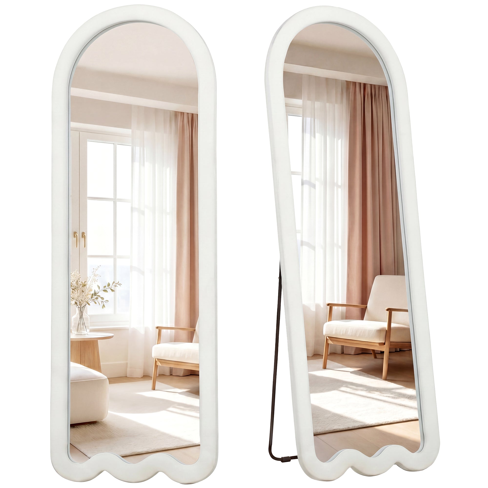 64"x 24" Full Length Mirror, Free Standing, Leaning or Wall Mounted Full Body Mirror, Soft Padded Frame and Arched Wavy Design for Bedroom, Living Room, White