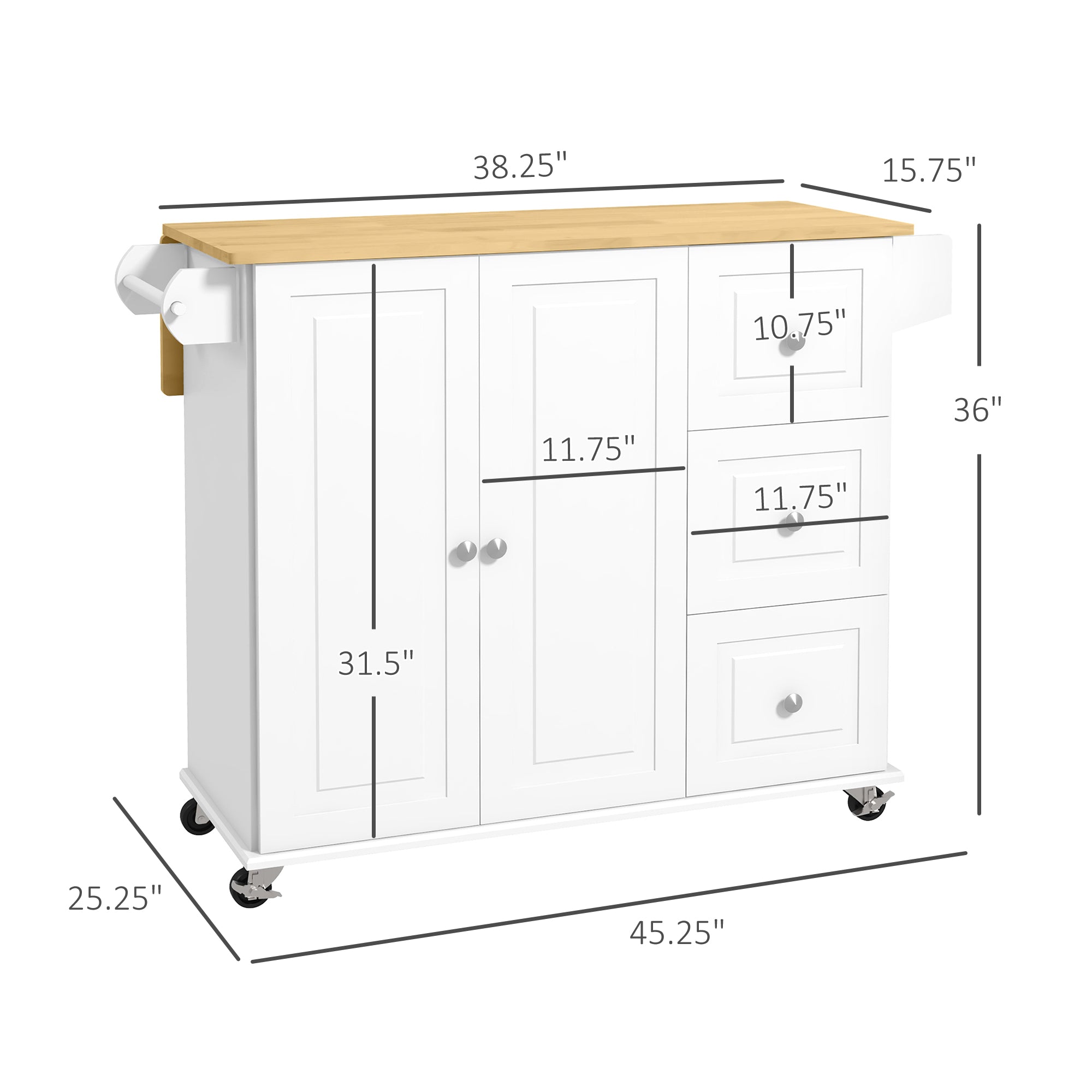 Rolling Kitchen Island with Drop Leaf, 3 Drawers, Cabinet & Natural Wood Top, White