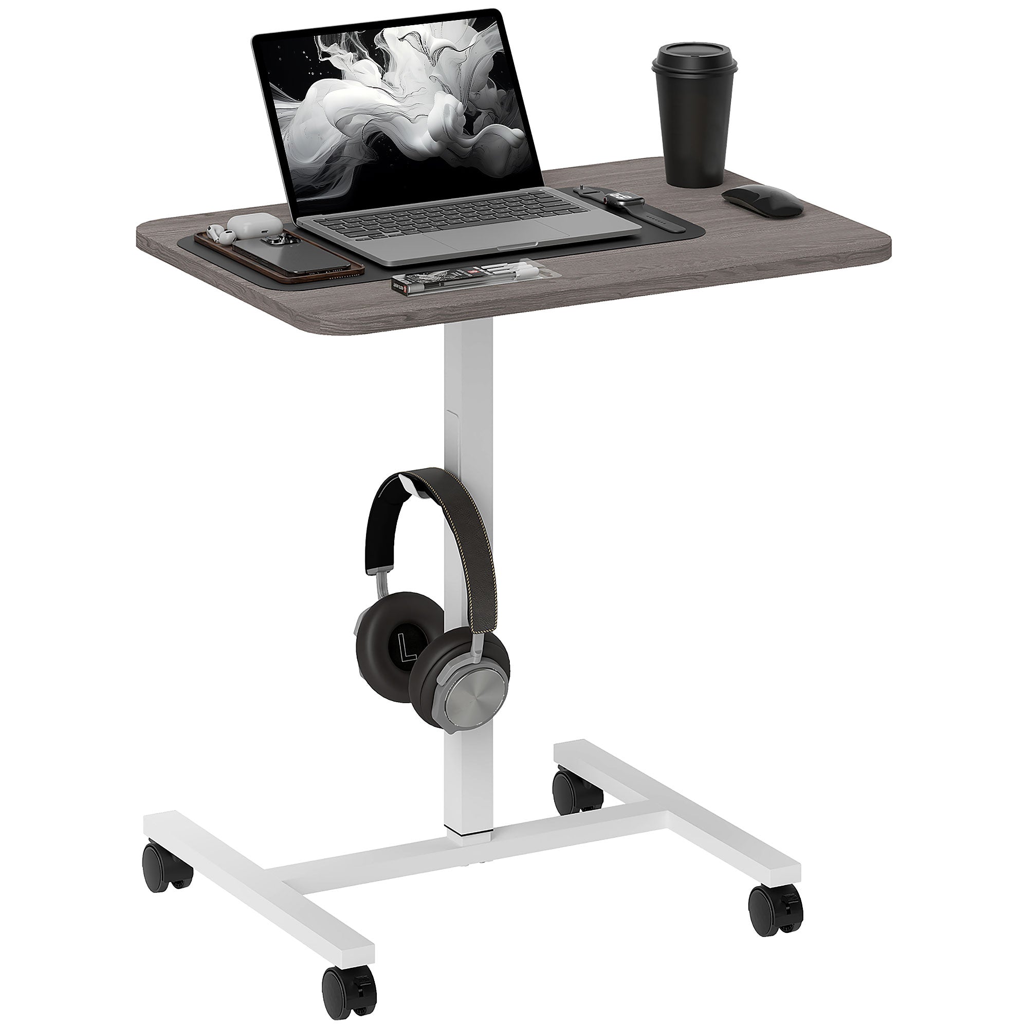 HOMCOM Height Adjustable Standing Desk, Pneumatic Sit Stand Desk for Laptop, Mobile Overbed Table with Wheels and Headphone Hook for Home Office, Grey