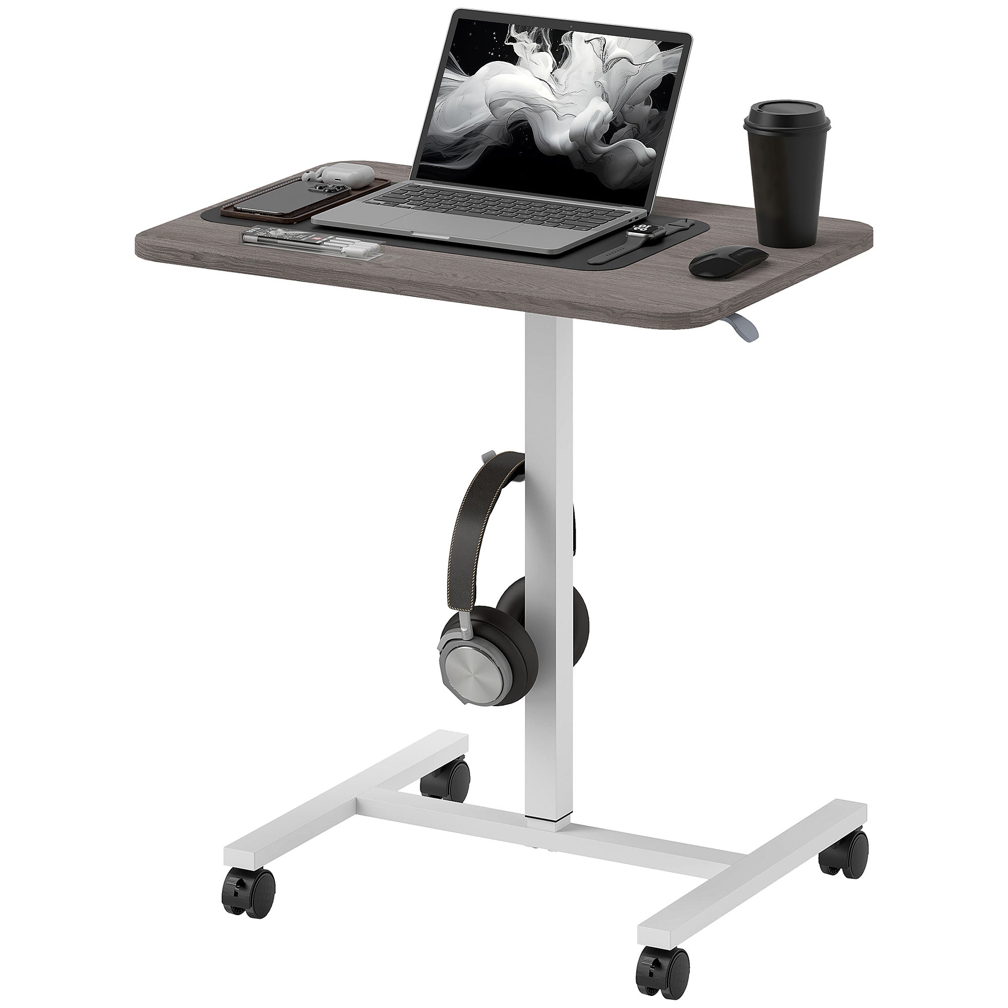 HOMCOM Height Adjustable Standing Desk, Pneumatic Sit Stand Desk for Laptop, Mobile Overbed Table with Wheels and Headphone Hook for Home Office, Grey