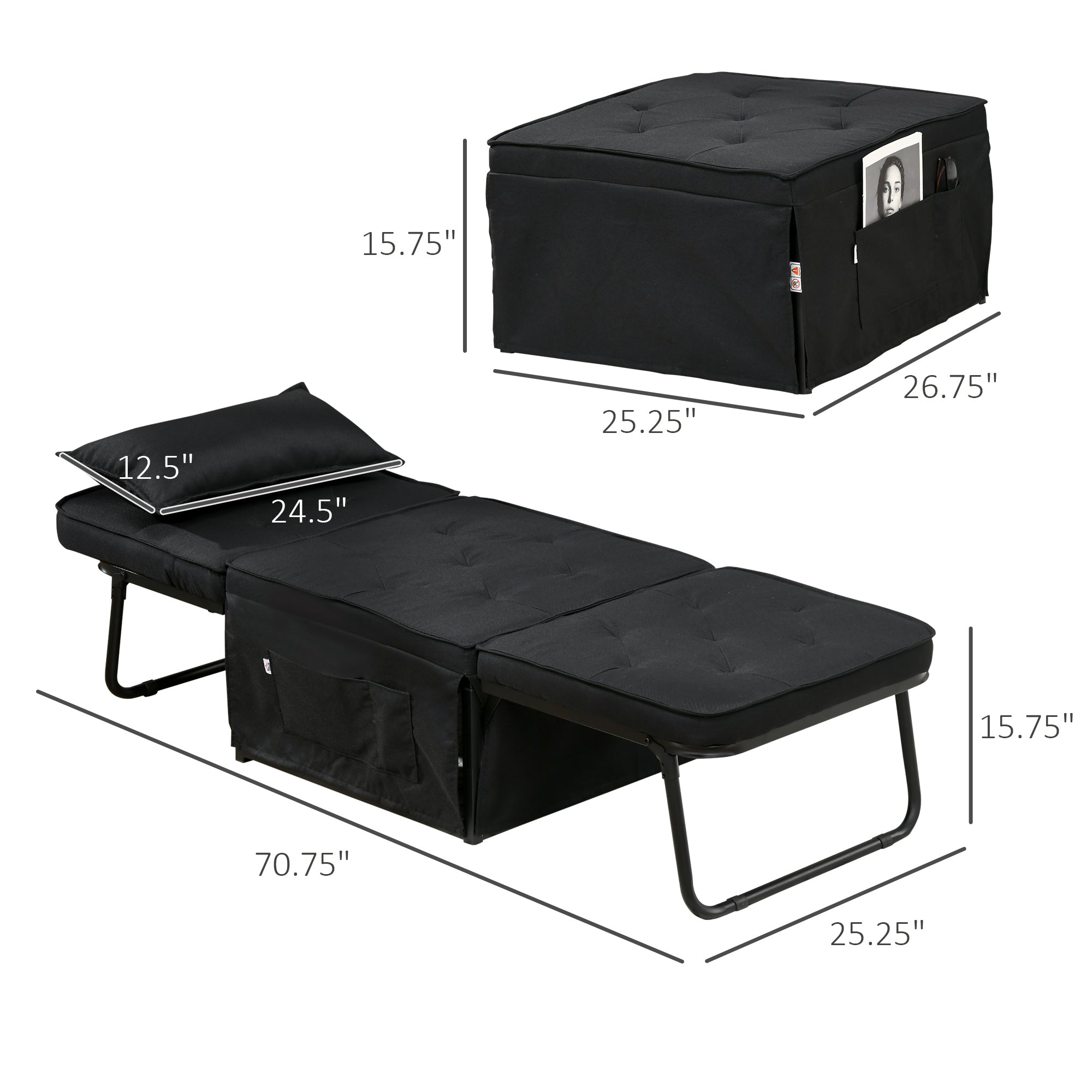 4 in 1 Multi Function Folding Sofa Bed, Pull Out Chair Bed w/ Adjustable Backrest, Black