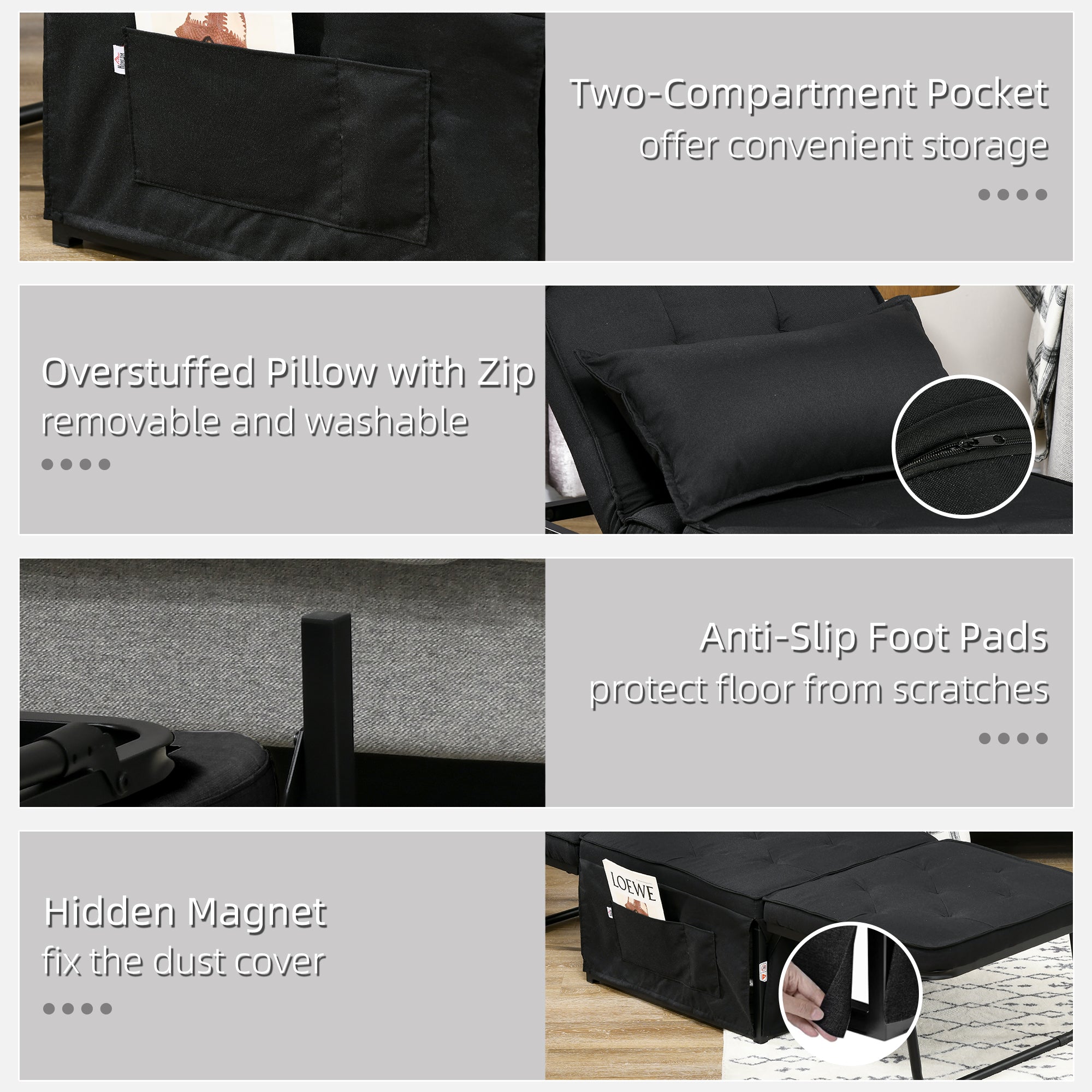 4 in 1 Multi Function Folding Sofa Bed, Pull Out Chair Bed w/ Adjustable Backrest, Black