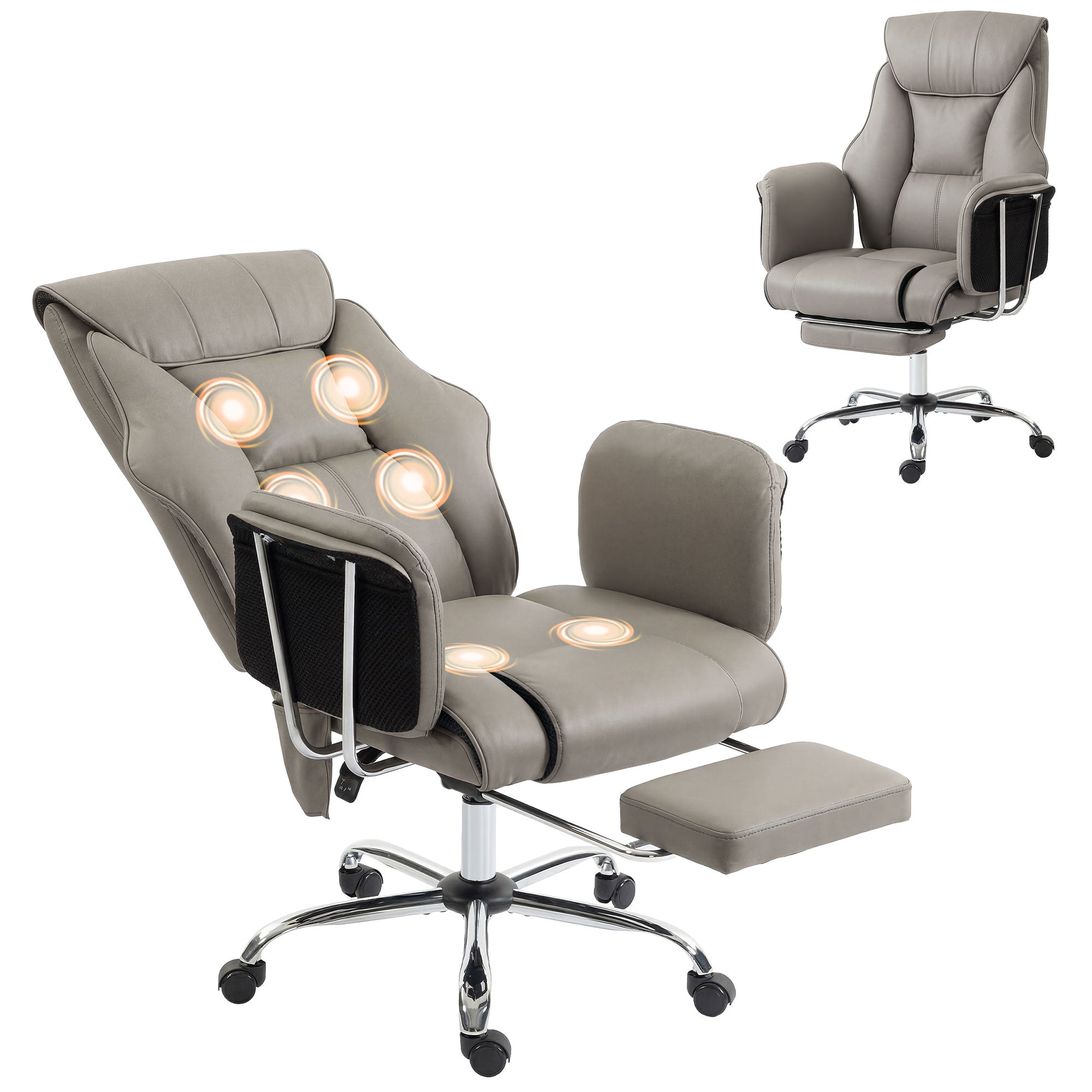 Massage Office Chair with 6-Point Vibration, Overstuffed Reclining Desk Chair with High Back, PU Leather, Footrest, Thick Spring Cushion, Lumbar Support, Adjustable Height, Swivel Wheels, Gray