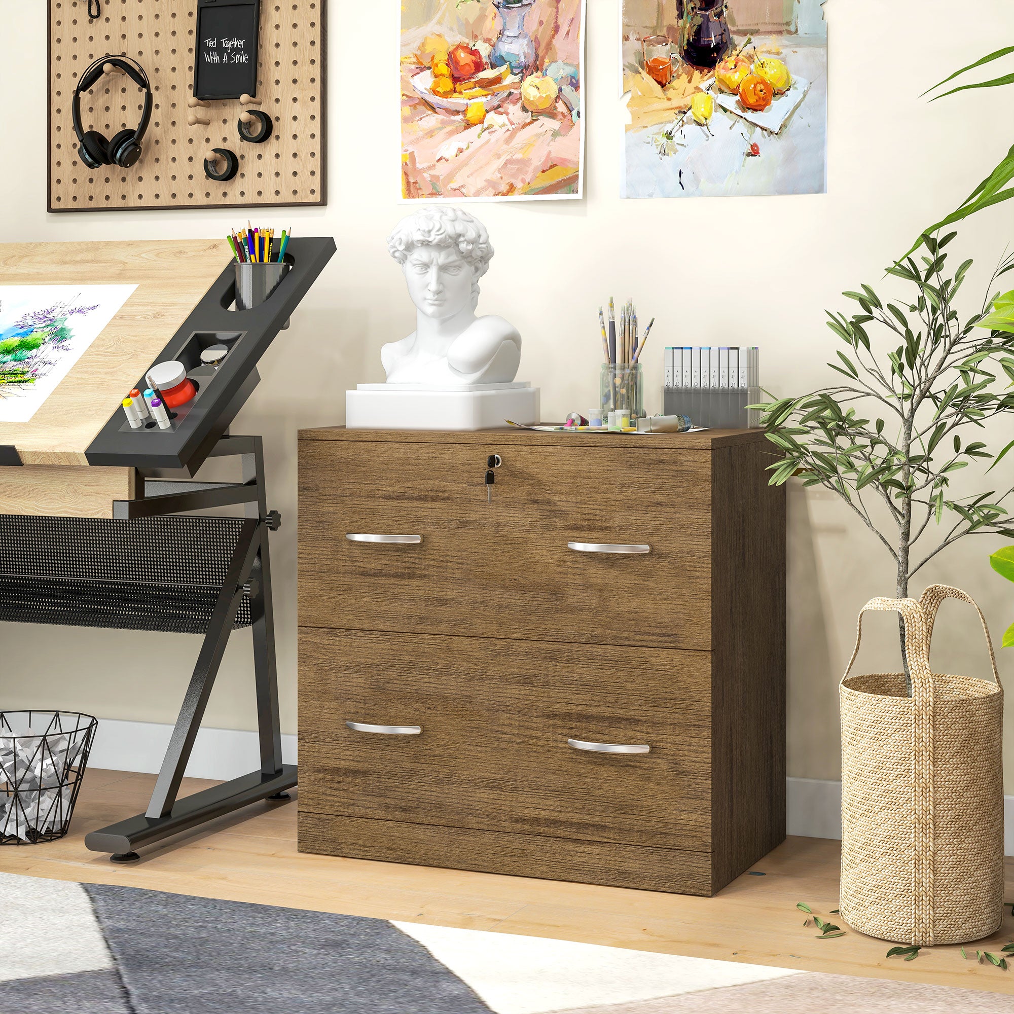 Vinsetto 2-Drawer Lateral Filing Cabinet with Lock, File Cabinet with Hanging Bar for Letter Size, Home Office, Light Brown