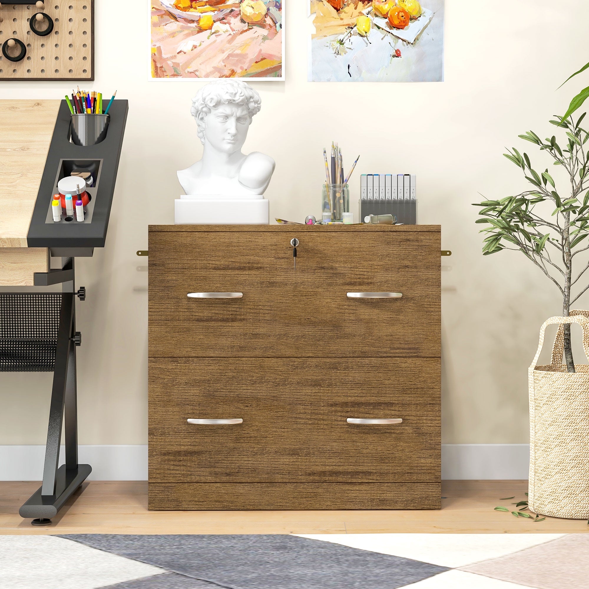 Vinsetto 2-Drawer Lateral Filing Cabinet with Lock, File Cabinet with Hanging Bar for Letter Size, Home Office, Light Brown
