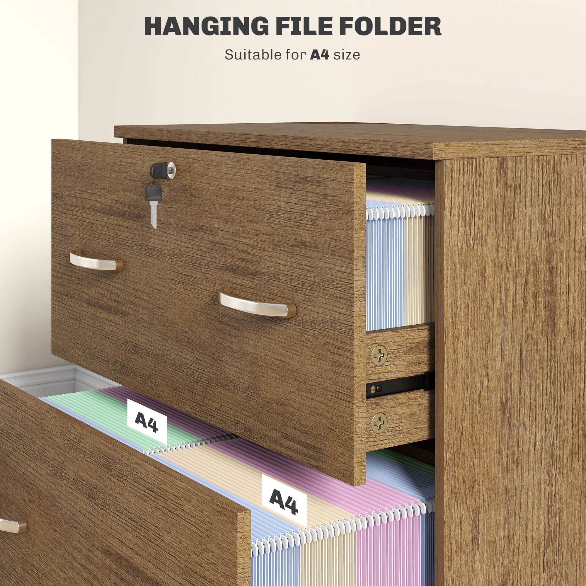 Vinsetto 2-Drawer Lateral Filing Cabinet with Lock, File Cabinet with Hanging Bar for Letter Size, Home Office, Light Brown