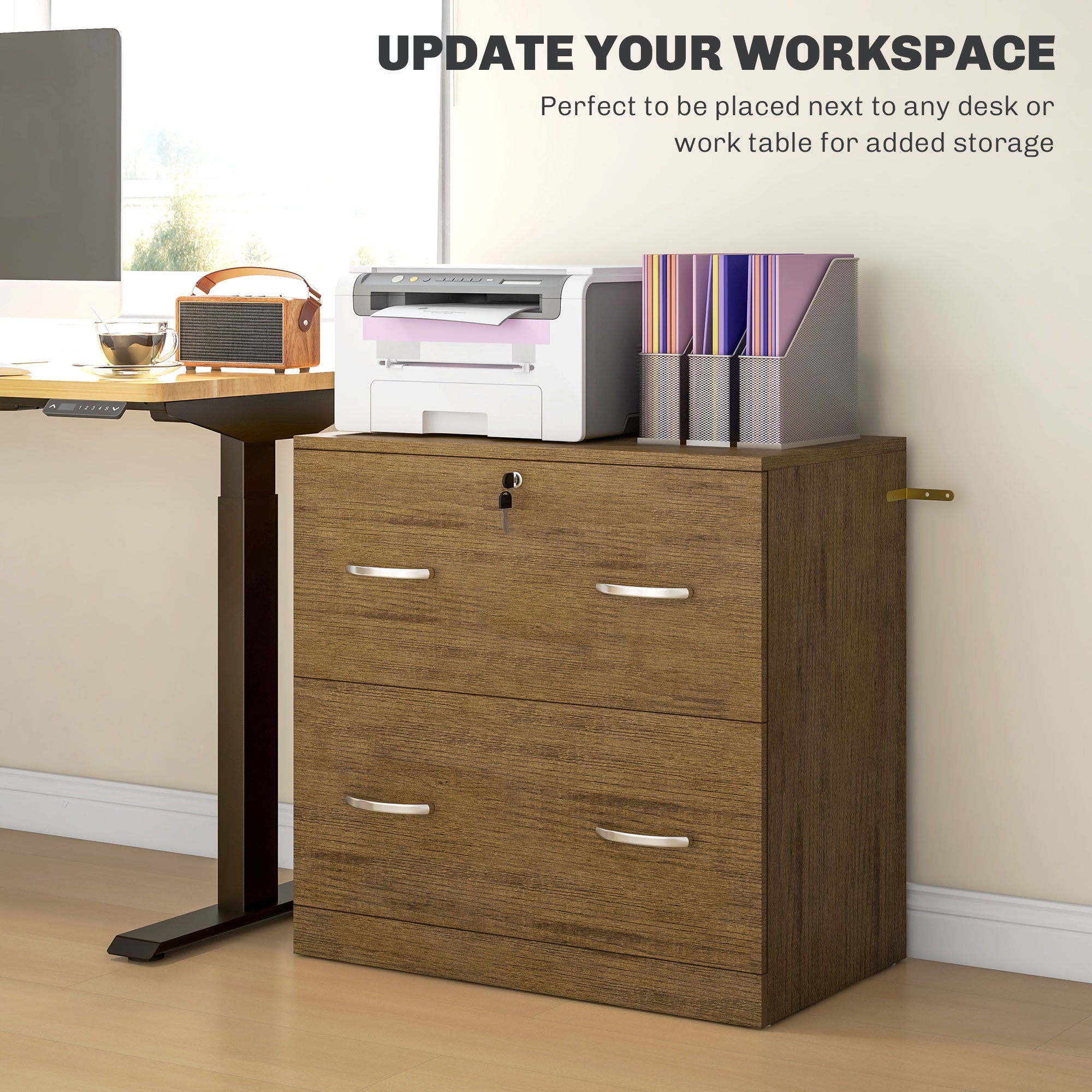 Vinsetto 2-Drawer Lateral Filing Cabinet with Lock, File Cabinet with Hanging Bar for Letter Size, Home Office, Light Brown