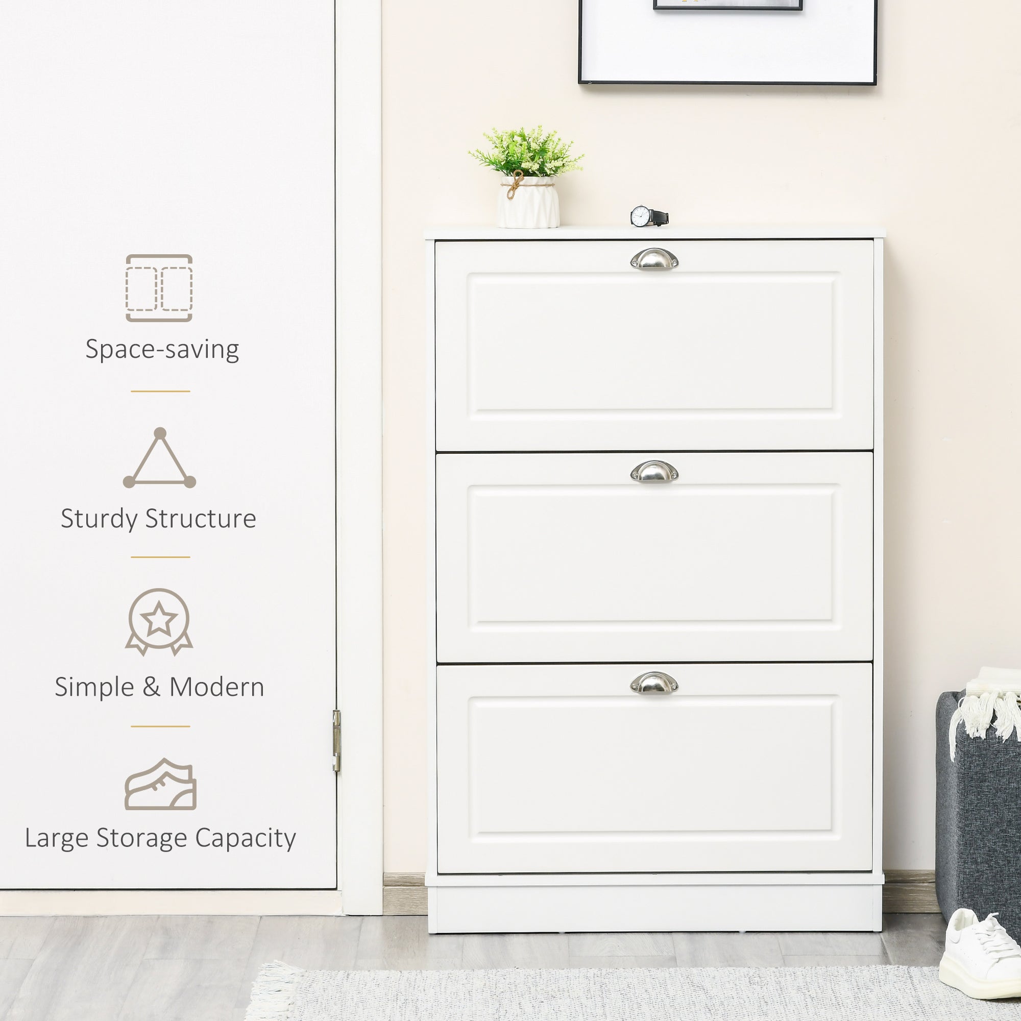 Shoe Cabinet with 3 Flip Drawers, Modern Narrow Shoe Storage Cabinet with Countertop, Entryway Shoe Storage Unit for 12 Pairs of Shoes for Hallway, White
