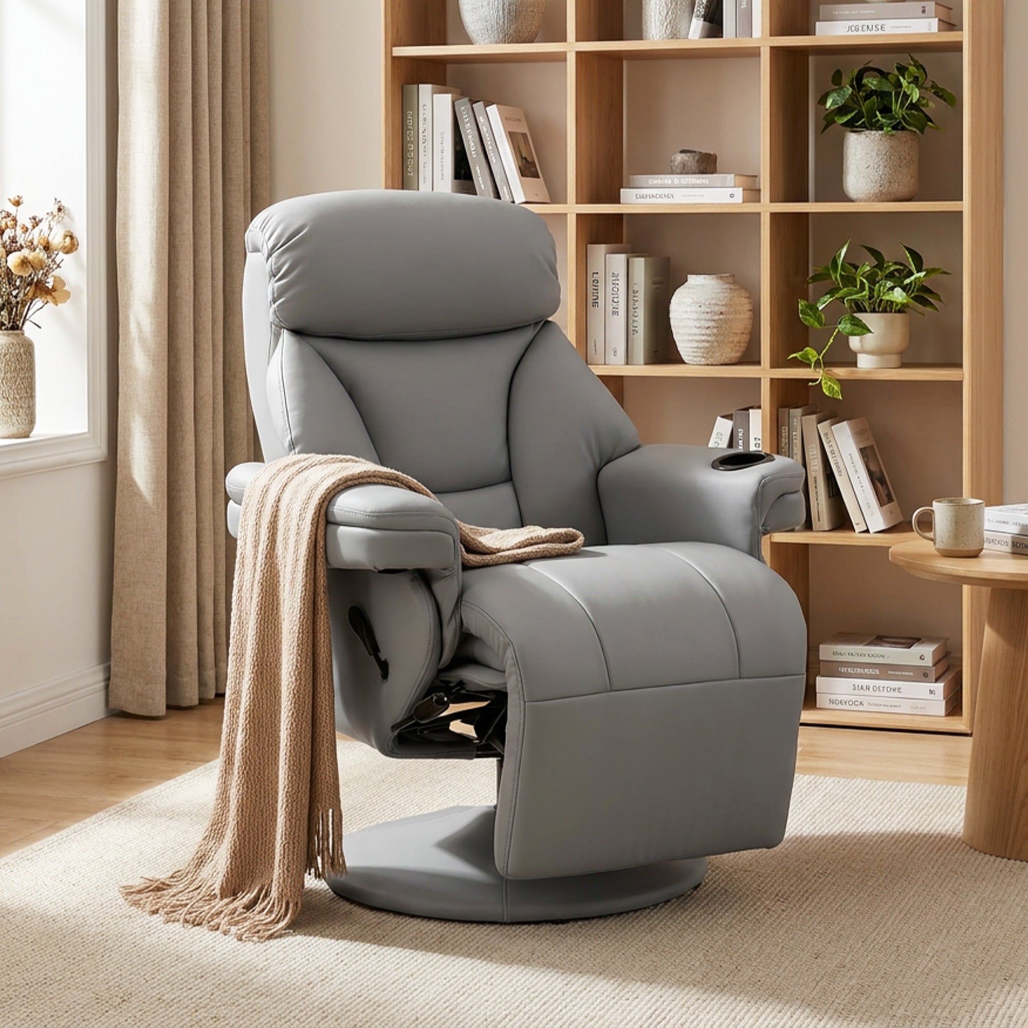 Manual Recliner Chair with Footrest, Upholstered Reclining Armchair with Adjustable Backrest and Cup Holder, PU Leather Swivel Chair for Living Room, Bedroom, Grey