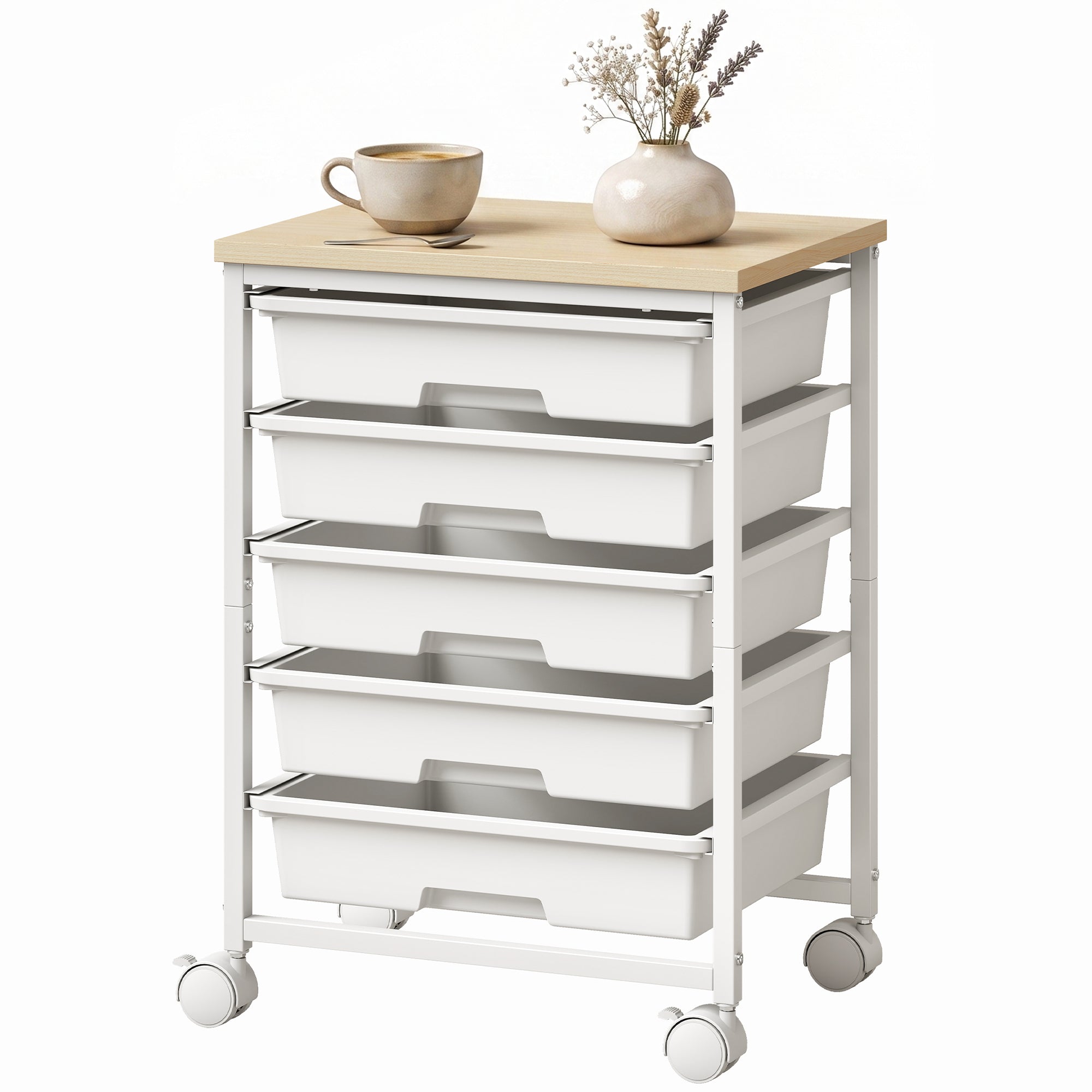6-Tier Storage Trolley on Wheels, Metal Kitchen Rolling Cart with 5 Pull-Out Drawers, Kitchen Storage Rack for Living Room, Dining Room, Bedroom, Bathroom, White