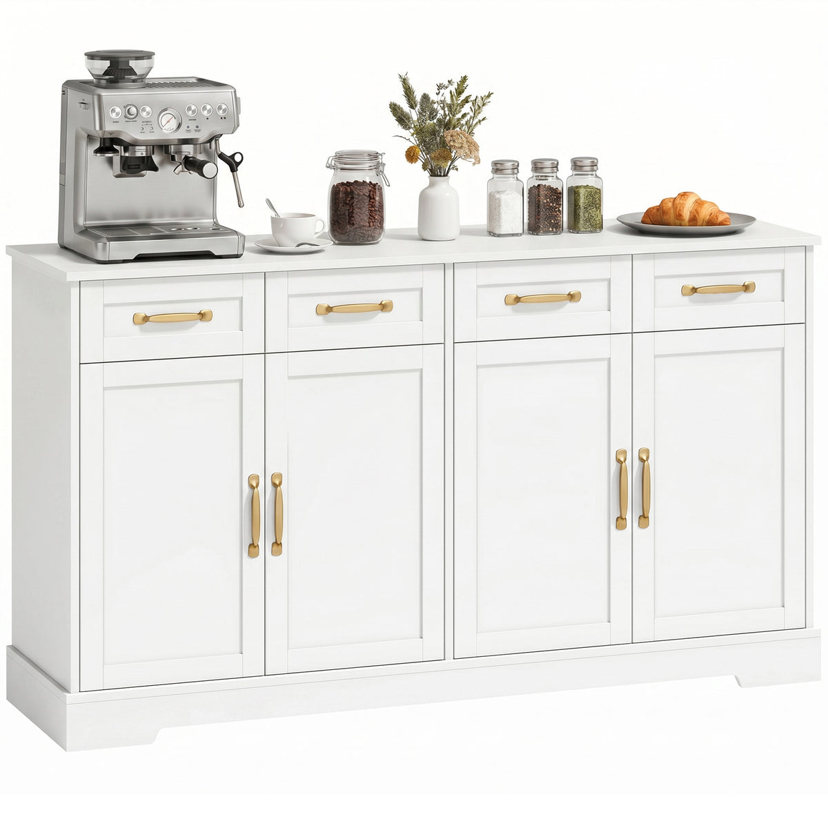 Sideboard Buffet Cabinet, 55" Modern Farmhouse Kitchen Storage Cabinet with 4 Drawers, 4 Doors and 2 Adjustable Shelves, Coffee Bar Station, White