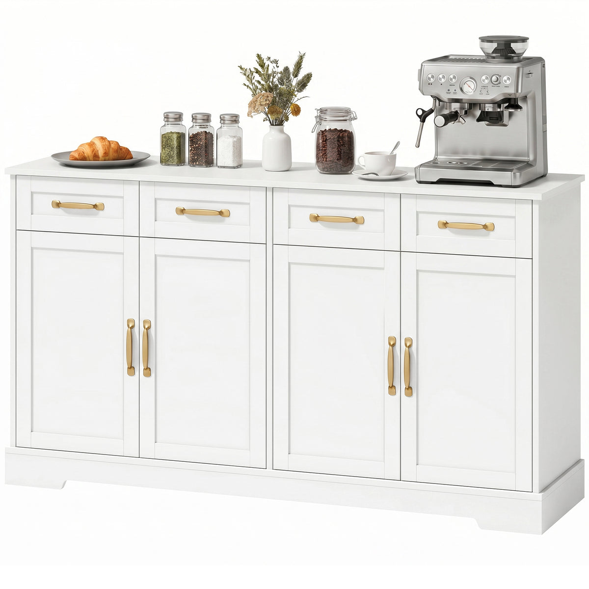 Sideboard Buffet Cabinet, 55" Modern Farmhouse Kitchen Storage Cabinet with 4 Drawers, 4 Doors and 2 Adjustable Shelves, Coffee Bar Station, White