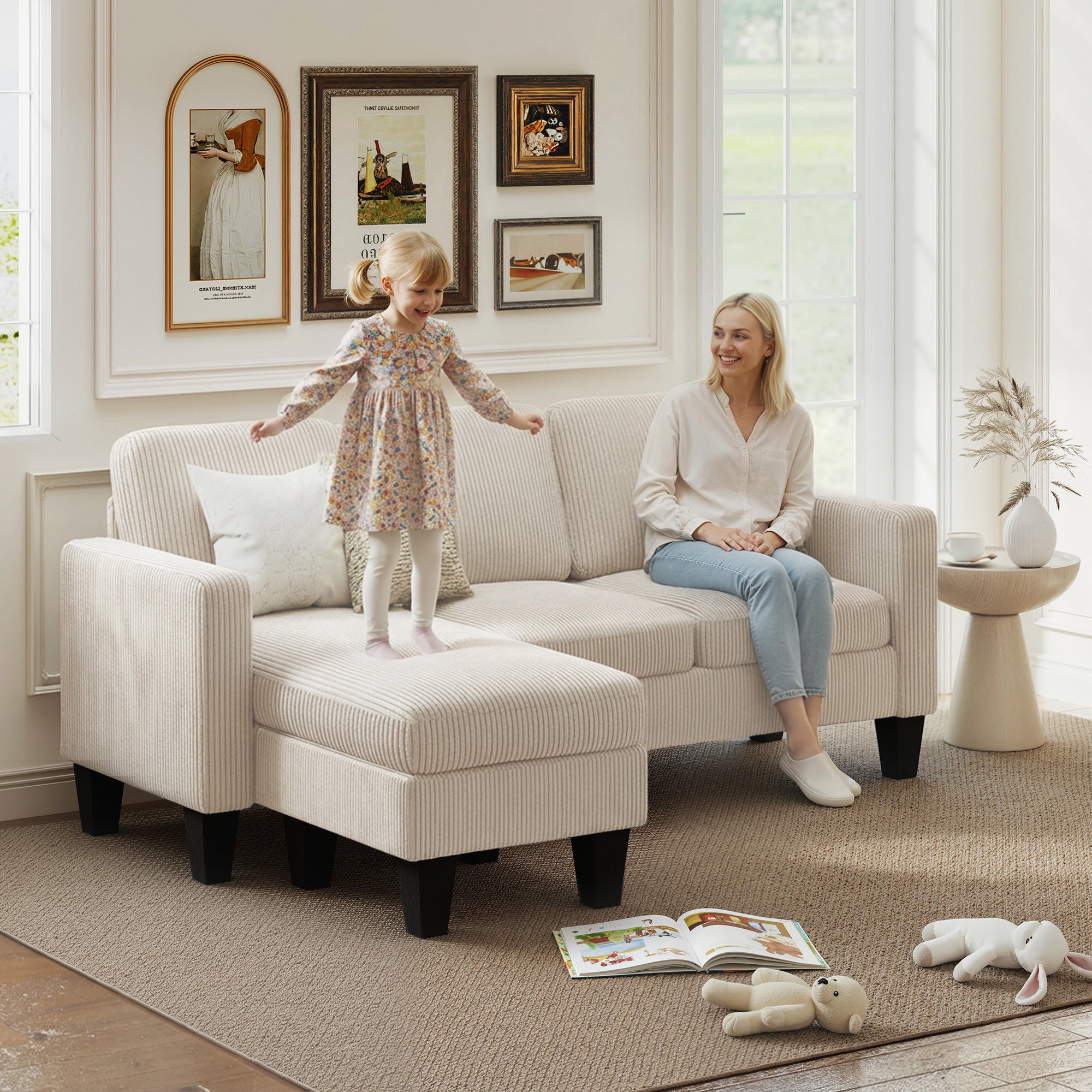 73" Sectional Sofa, L Shaped Couch with Reversible Chaise or Ottoman, Corduroy 3 Seat Sectional Couch for Living Room, Bedroom, Apartment, 2200lb Capacity, Cream White