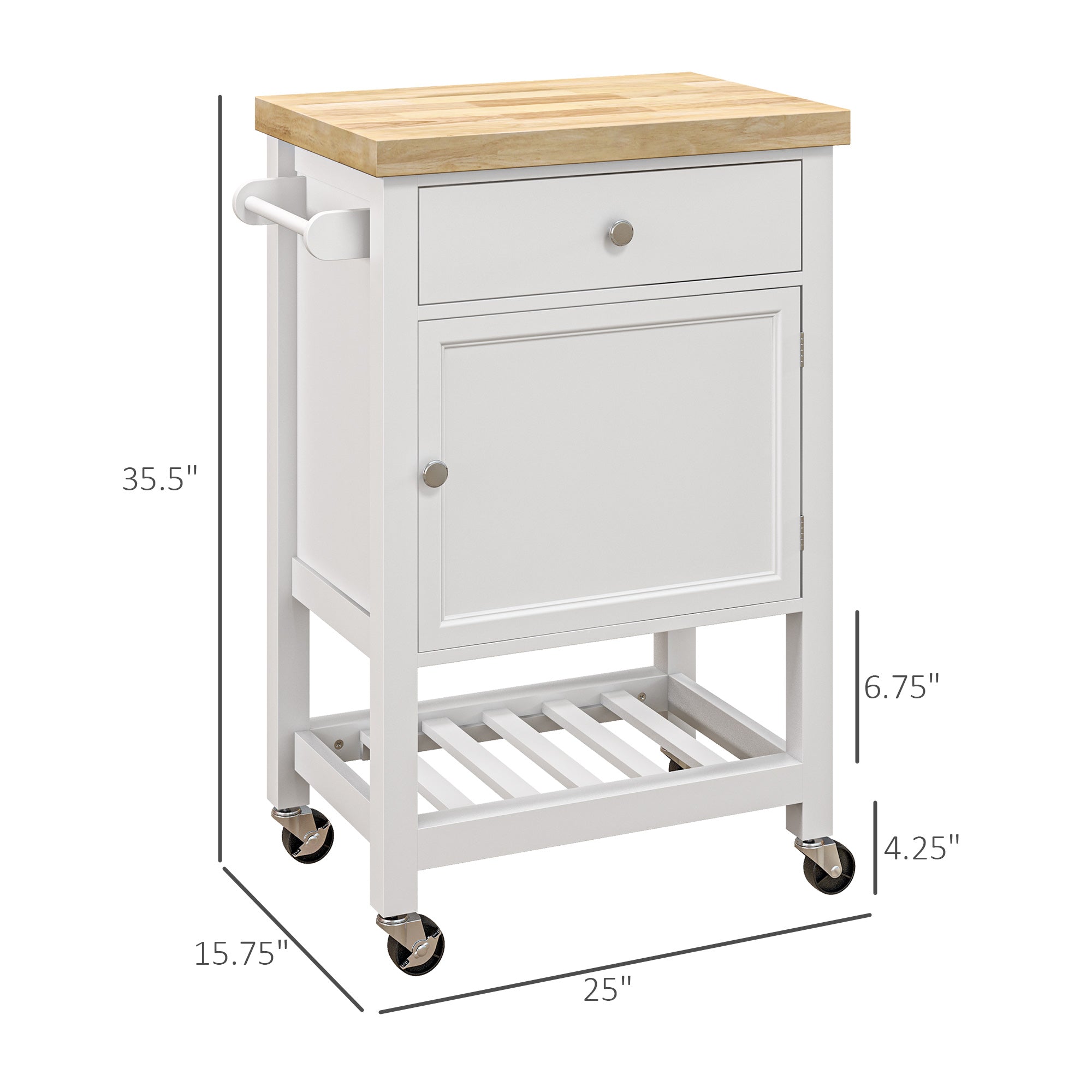 36" Rolling Kitchen Cart with Rubberwood Top, Drawer, Wine Rack & Cabinet, White