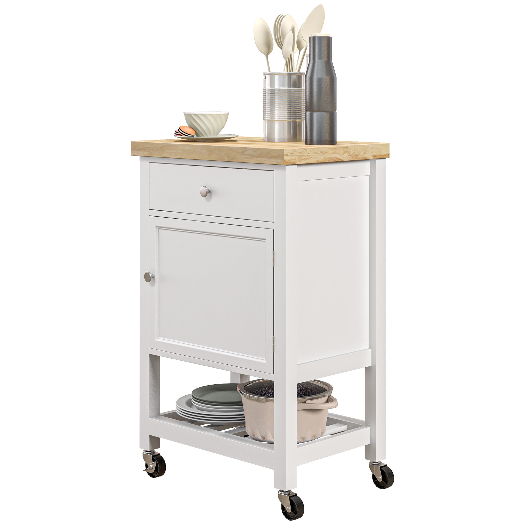 36" Rolling Kitchen Cart with Rubberwood Top, Drawer, Wine Rack & Cabinet, White