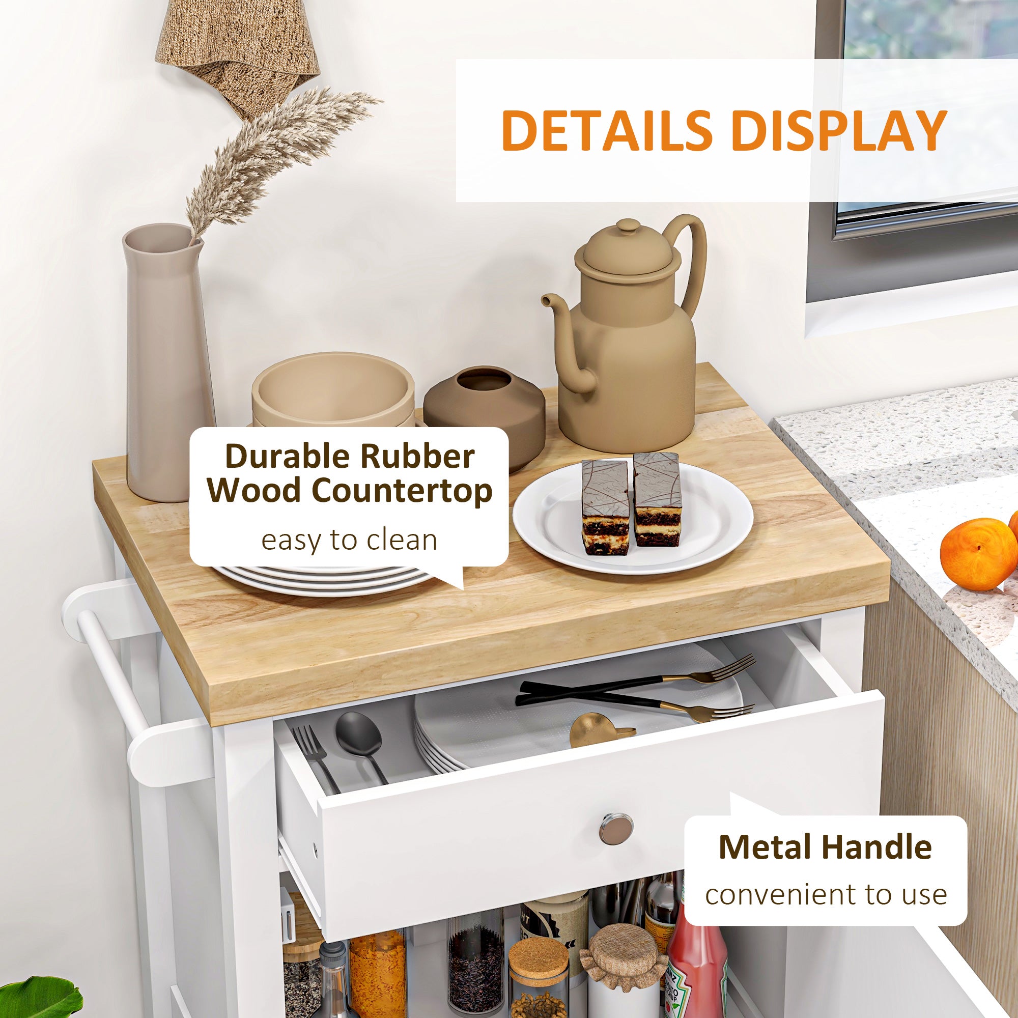 36" Rolling Kitchen Cart with Rubberwood Top, Drawer, Wine Rack & Cabinet, White