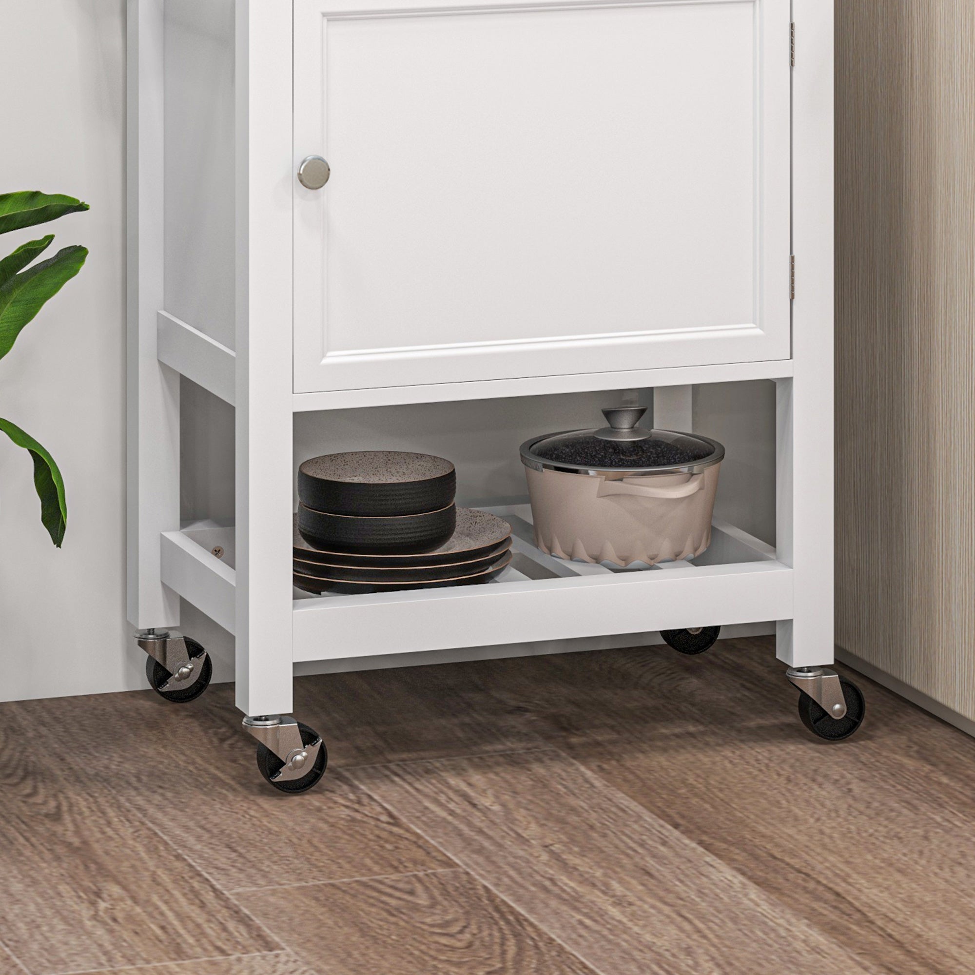 36" Rolling Kitchen Cart with Rubberwood Top, Drawer, Wine Rack & Cabinet, White
