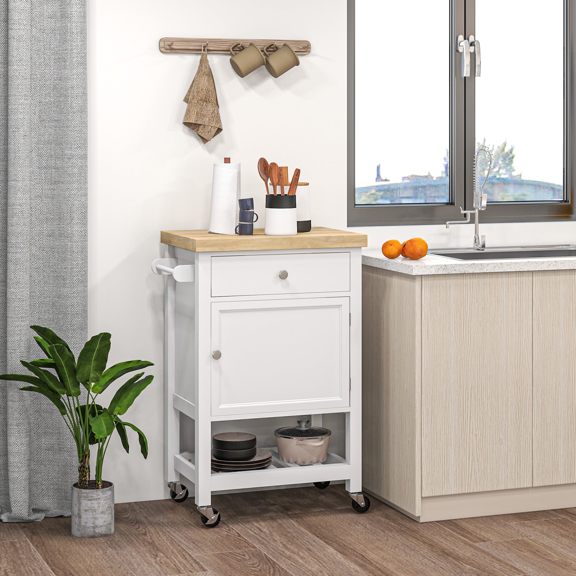 36" Rolling Kitchen Cart with Rubberwood Top, Drawer, Wine Rack & Cabinet, White