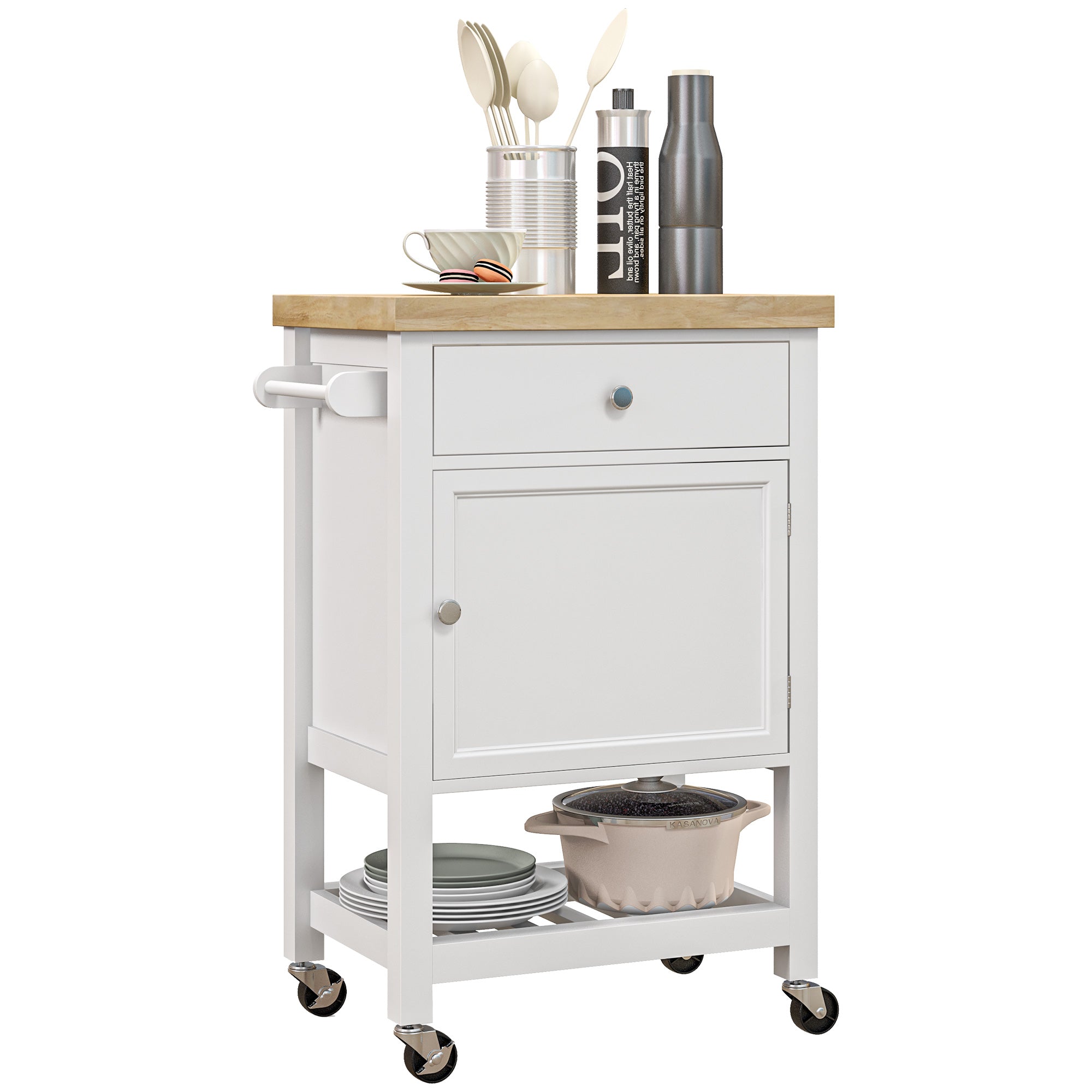 36" Rolling Kitchen Cart with Rubberwood Top, Drawer, Wine Rack & Cabinet, White