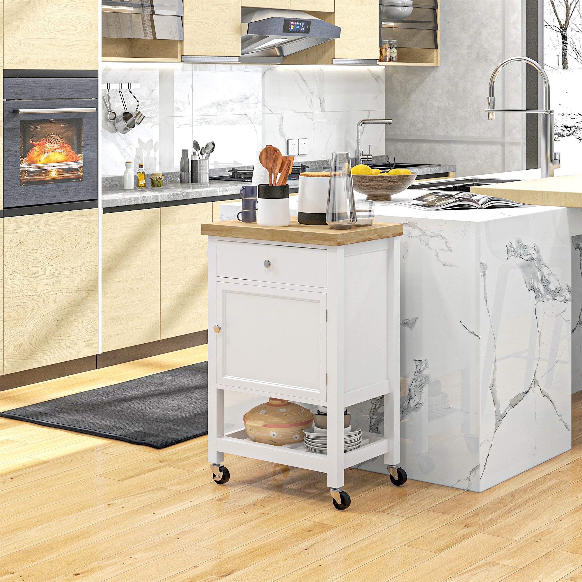 36" Rolling Kitchen Cart with Rubberwood Top, Drawer, Wine Rack & Cabinet, White