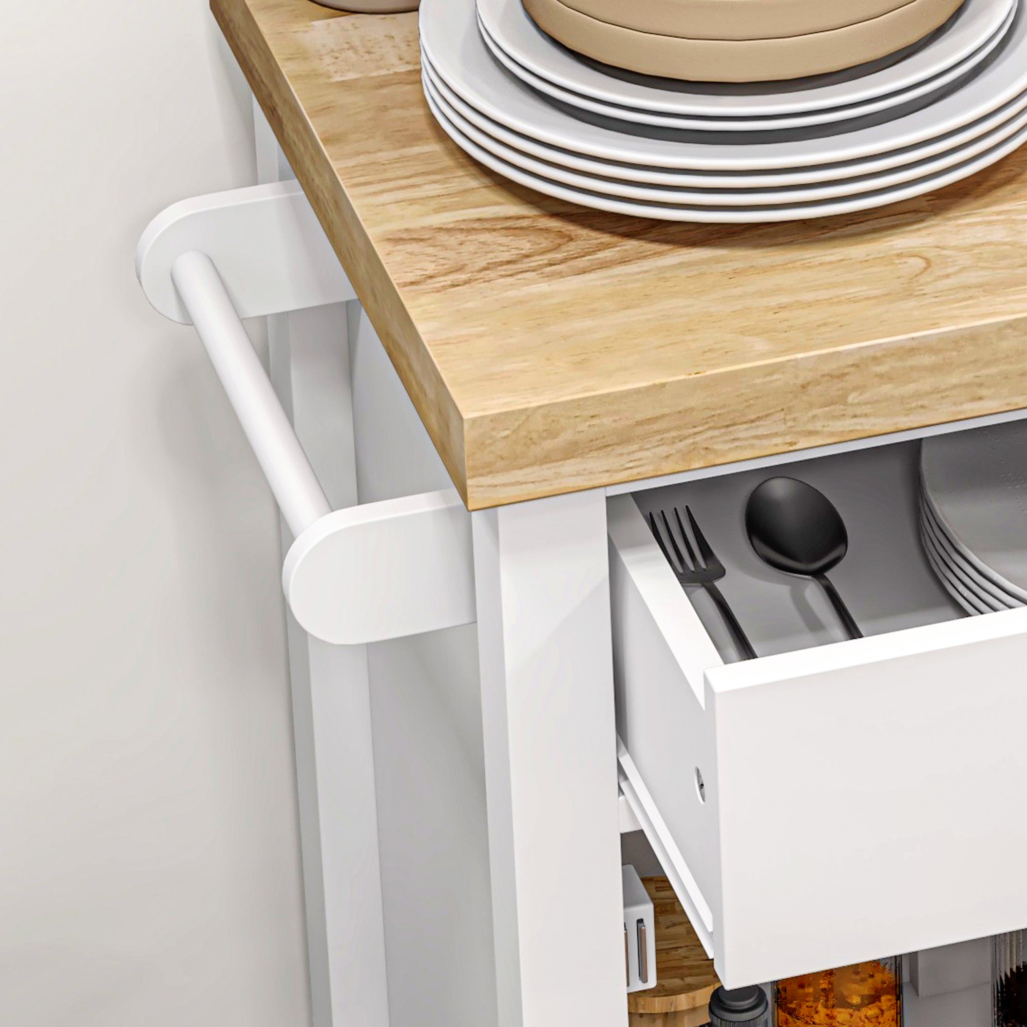36" Rolling Kitchen Cart with Rubberwood Top, Drawer, Wine Rack & Cabinet, White