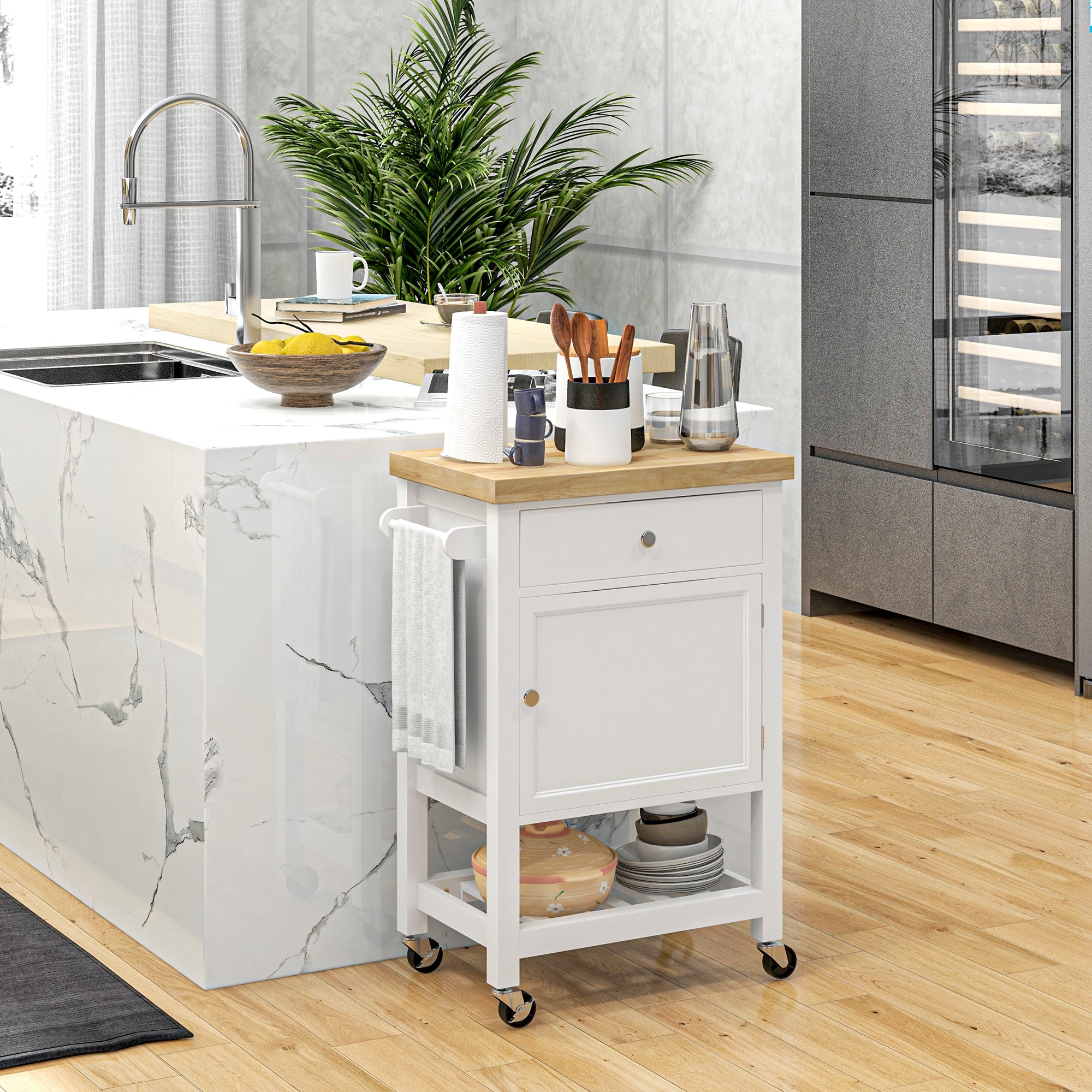 36" Rolling Kitchen Cart with Rubberwood Top, Drawer, Wine Rack & Cabinet, White