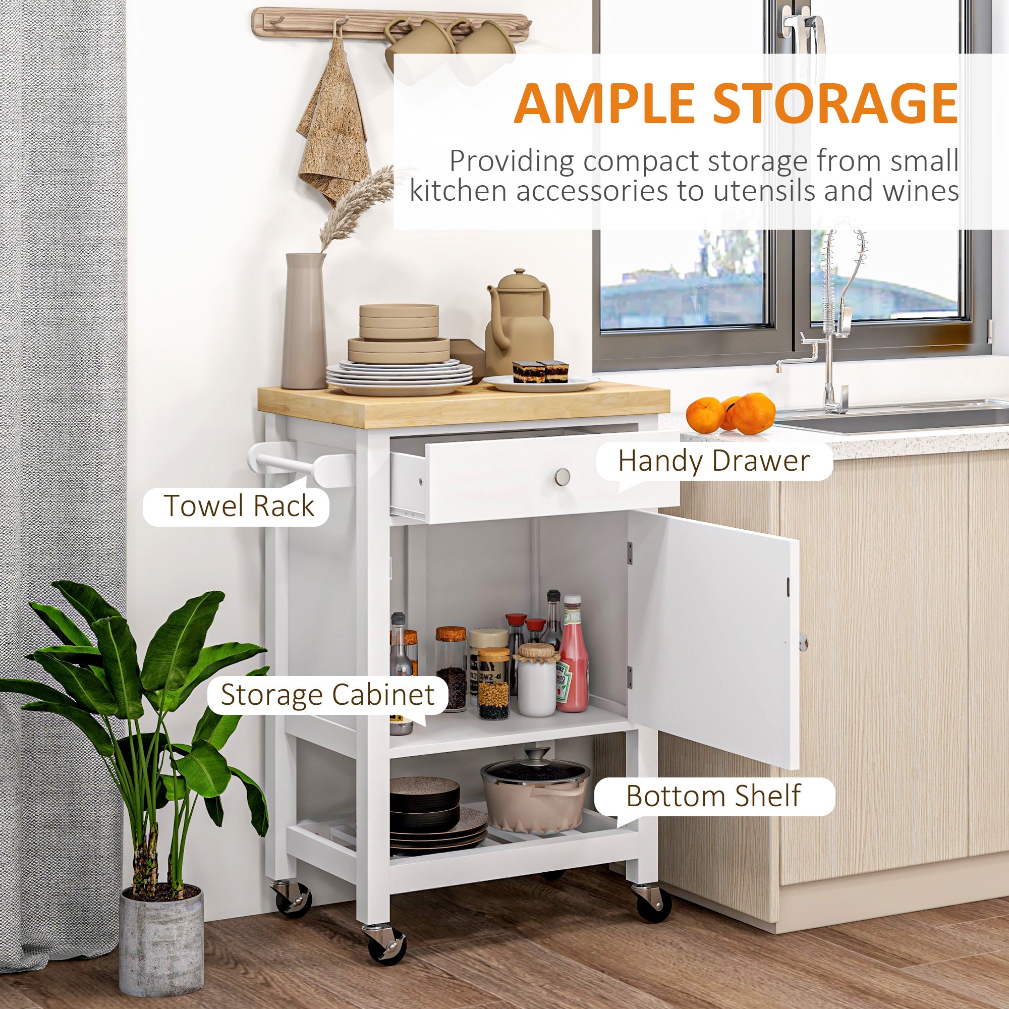 36" Rolling Kitchen Cart with Rubberwood Top, Drawer, Wine Rack & Cabinet, White