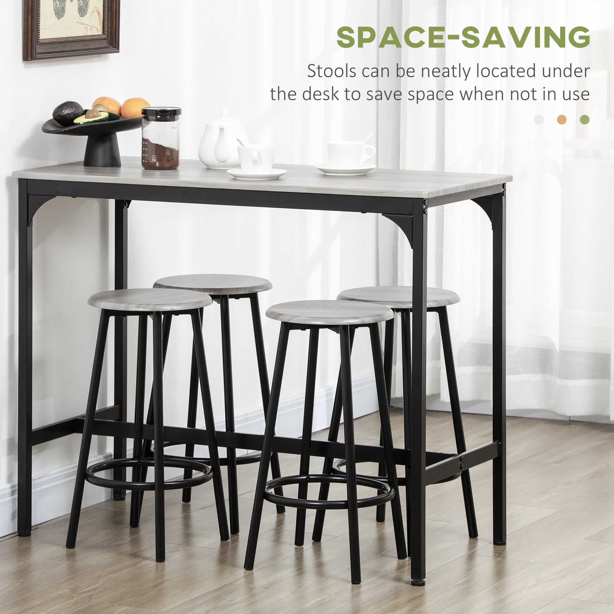 HOMCOM 5 Piece Bar Table Set, Industrial Dining Table Set for 4 with Stools, Metal Frame, Footrest for Kitchen, Living Room, Small Space, Grey