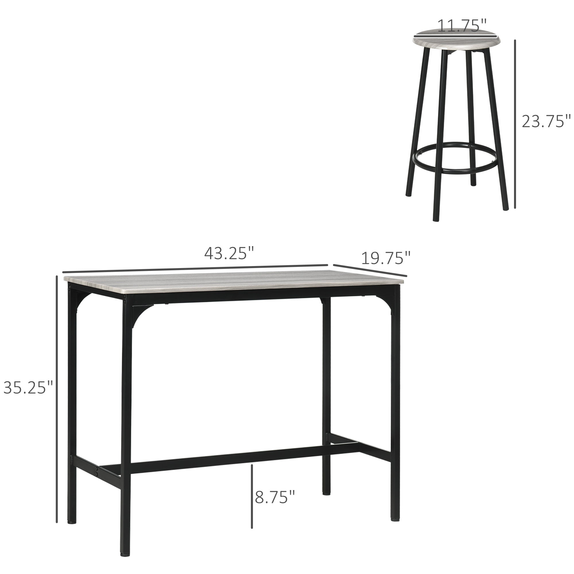 5 Piece Counter Height Bar Table Set Rustic 43.25" Dining Table with 4 Bar Stools Gray - HOMCOM