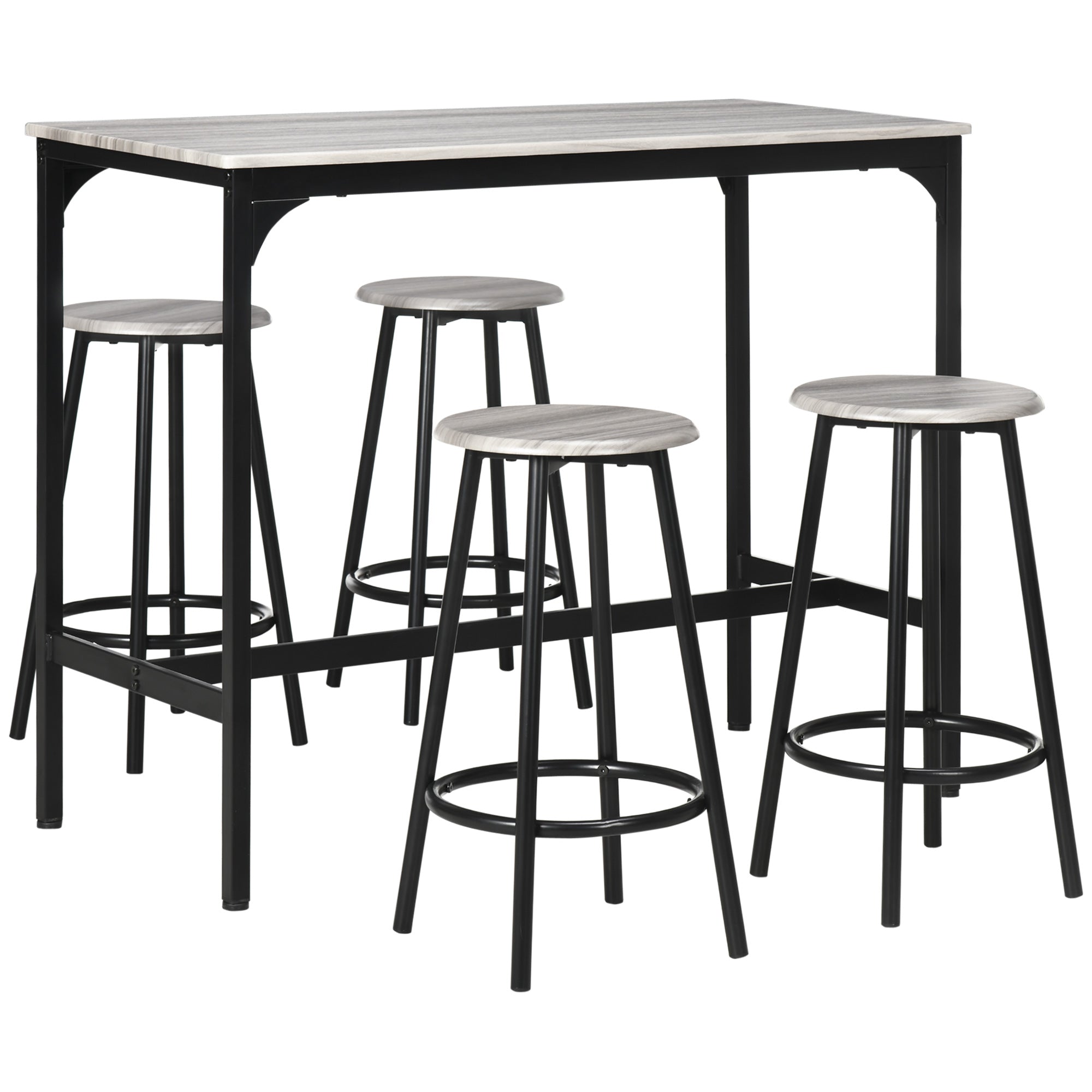 HOMCOM 5 Piece Bar Table Set, Industrial Dining Table Set for 4 with Stools, Metal Frame, Footrest for Kitchen, Living Room, Small Space, Grey