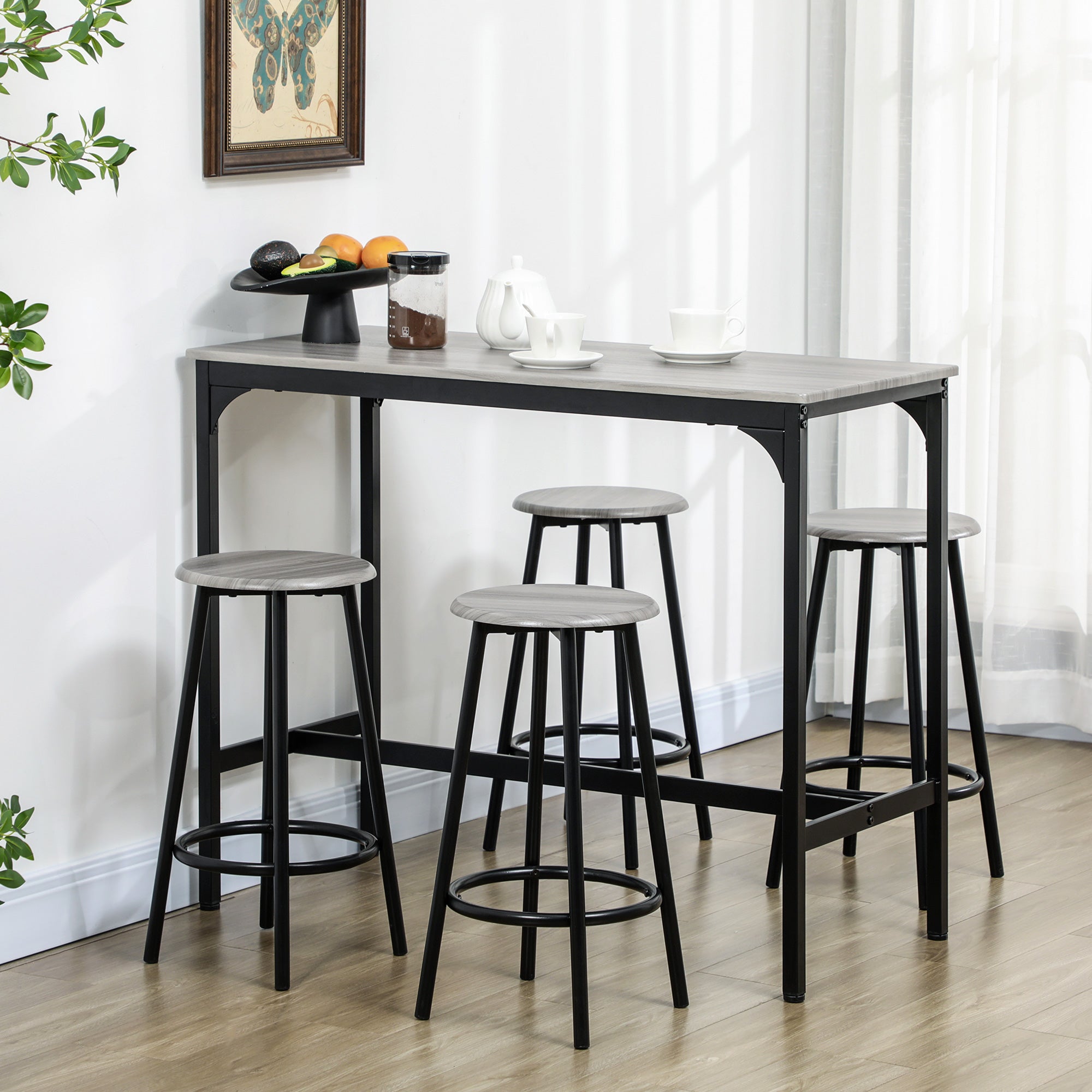 HOMCOM 5 Piece Bar Table Set, Industrial Dining Table Set for 4 with Stools, Metal Frame, Footrest for Kitchen, Living Room, Small Space, Grey