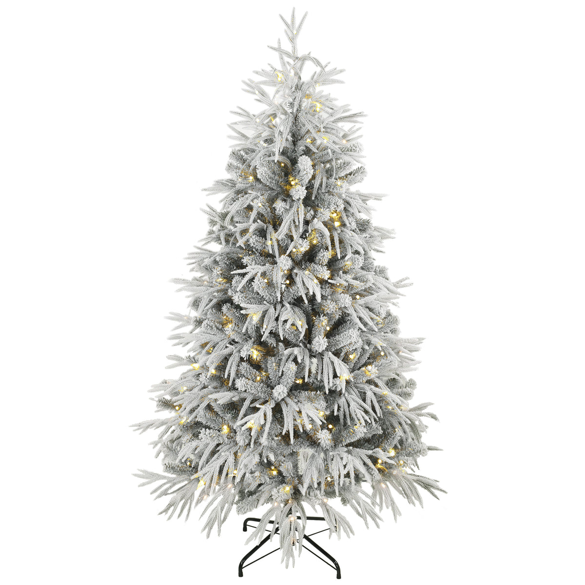 6ft Prelit Flocked Christmas Tree, Artificial Norfolk Pine Downswept Hinged Xmas Tree with 250 Warm White LED Lights, 8 Modes, 553 Tips, Steel Stand, Green and White