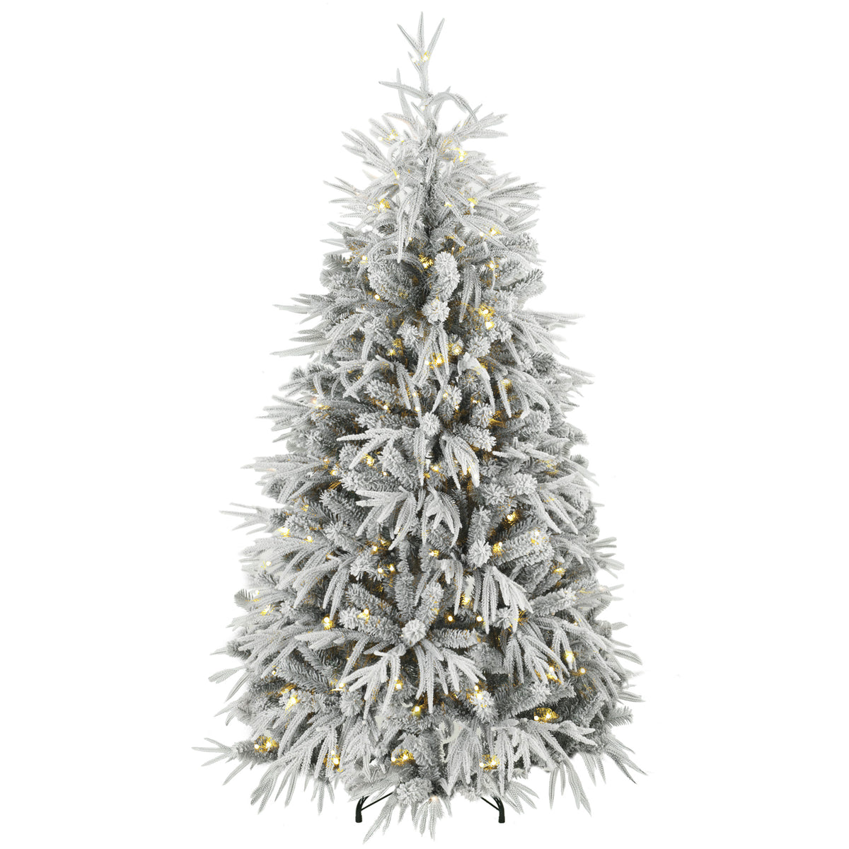 6ft Prelit Flocked Christmas Tree, Artificial Norfolk Pine Downswept Hinged Xmas Tree with 250 Warm White LED Lights, 8 Modes, 553 Tips, Steel Stand, Green and White