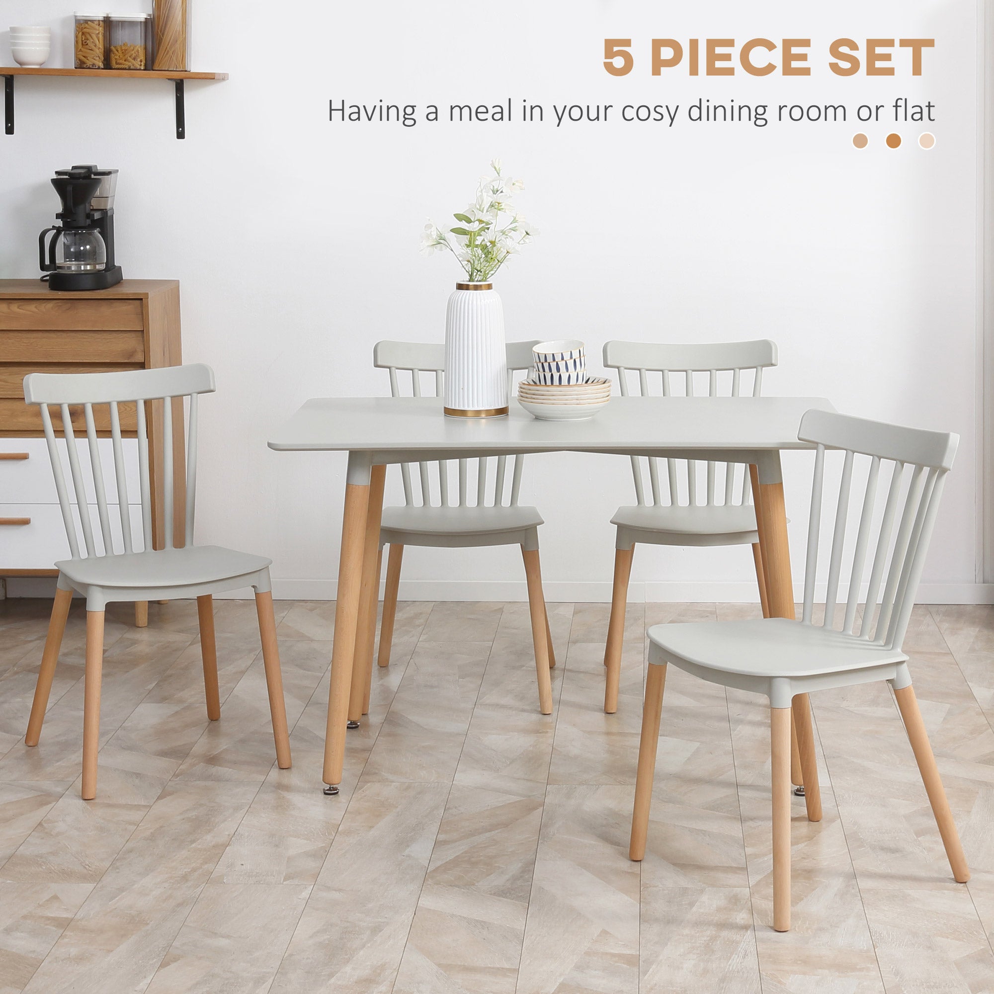 HOMCOM 5 Piece Dining Table and Chairs Set, Kitchen Table and Chairs for 4 People with Wood Legs and Slat Back, Space Saving Table and 4 Chairs for Small Spaces, Grey