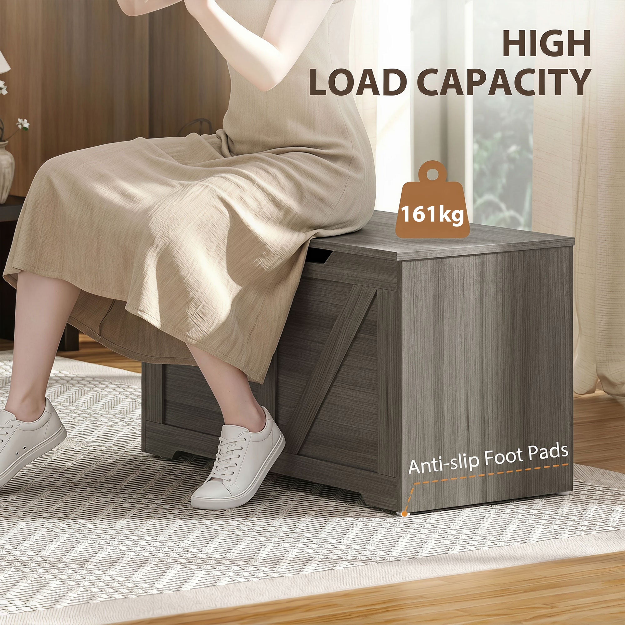 127L Storage Chest, Shoe Storage Trunk Bench Box with 2 Safety Hinges and U-shaped Cut-out Pull, Blanket Box Ottoman for Bedroom, Living Room, Entryway, 100 x 40 x 45 cm, Dark Grey Wood-Effect