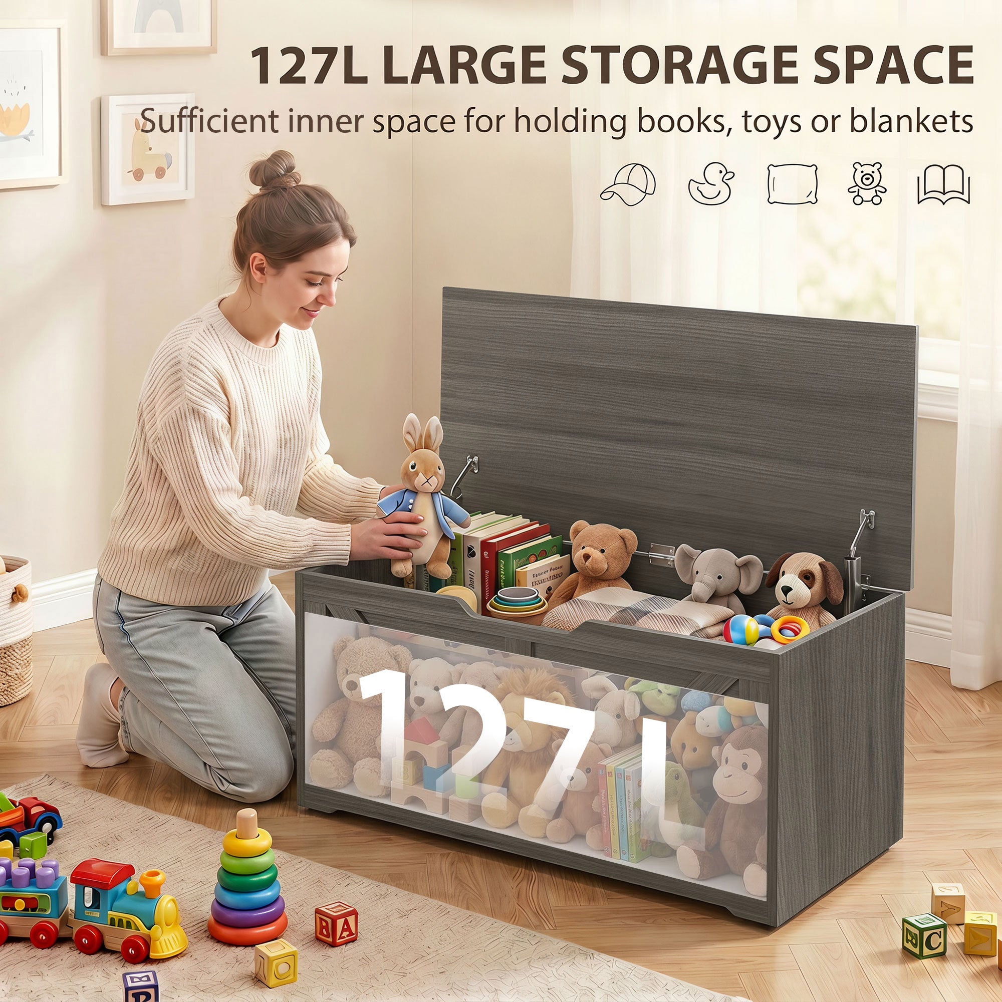 127L Storage Chest, Shoe Storage Trunk Bench Box with 2 Safety Hinges and U-shaped Cut-out Pull, Blanket Box Ottoman for Bedroom, Living Room, Entryway, 100 x 40 x 45 cm, Dark Grey Wood-Effect