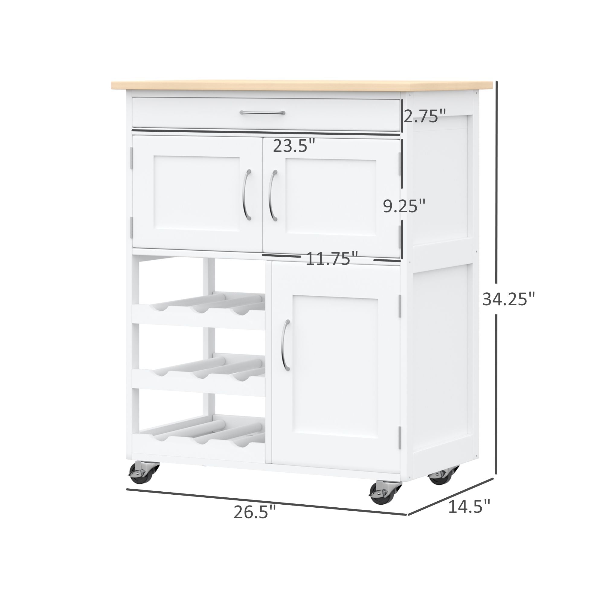 Rolling Kitchen Cart Kitchen Island w/ Drawer, 9 bottle Wine Rack & Door Cabinets, White