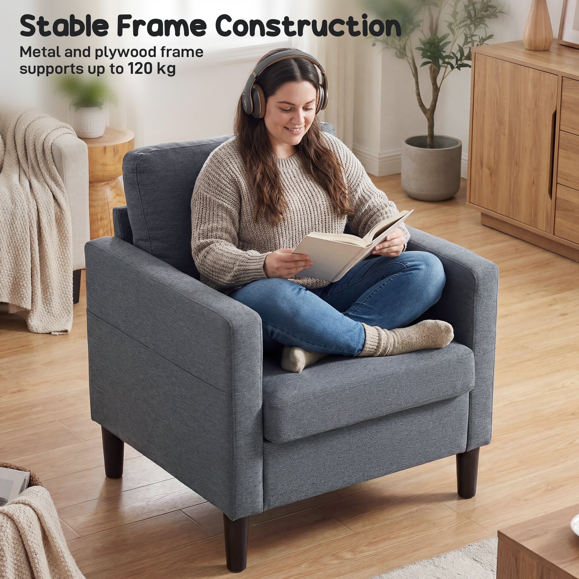 Linen-Feel Fabric Accent Chair, Modern Armchair, Living Room Chair with Armrests and Thick Padded Seat, Upholstered Single Sofa for Living Room, Bedroom, Study, Dark Grey