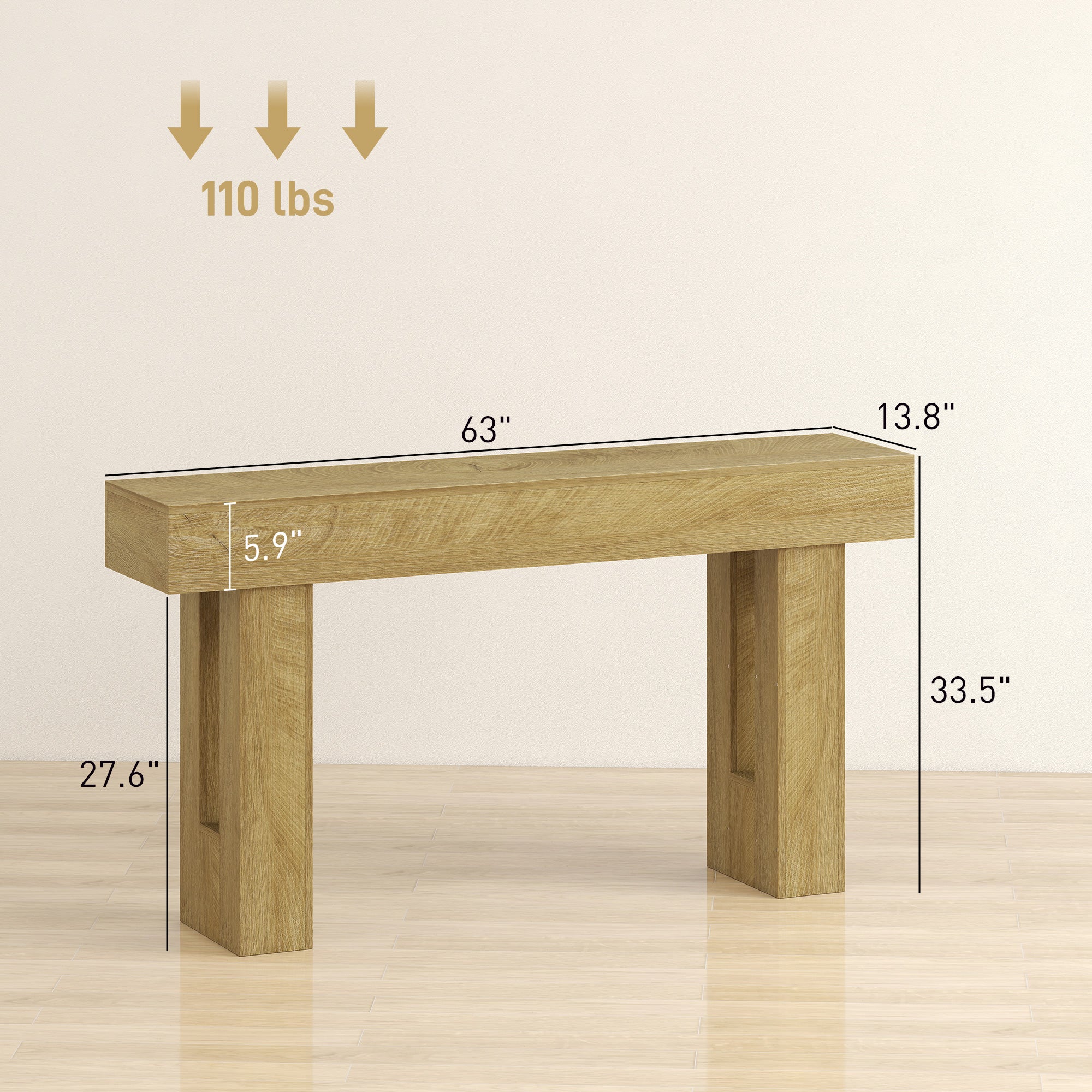 63 Inch Console Table, Narrow Farmhouse Entryway Table with Thickened Tabletop for Living Room, Hallway, Entrance, Oak