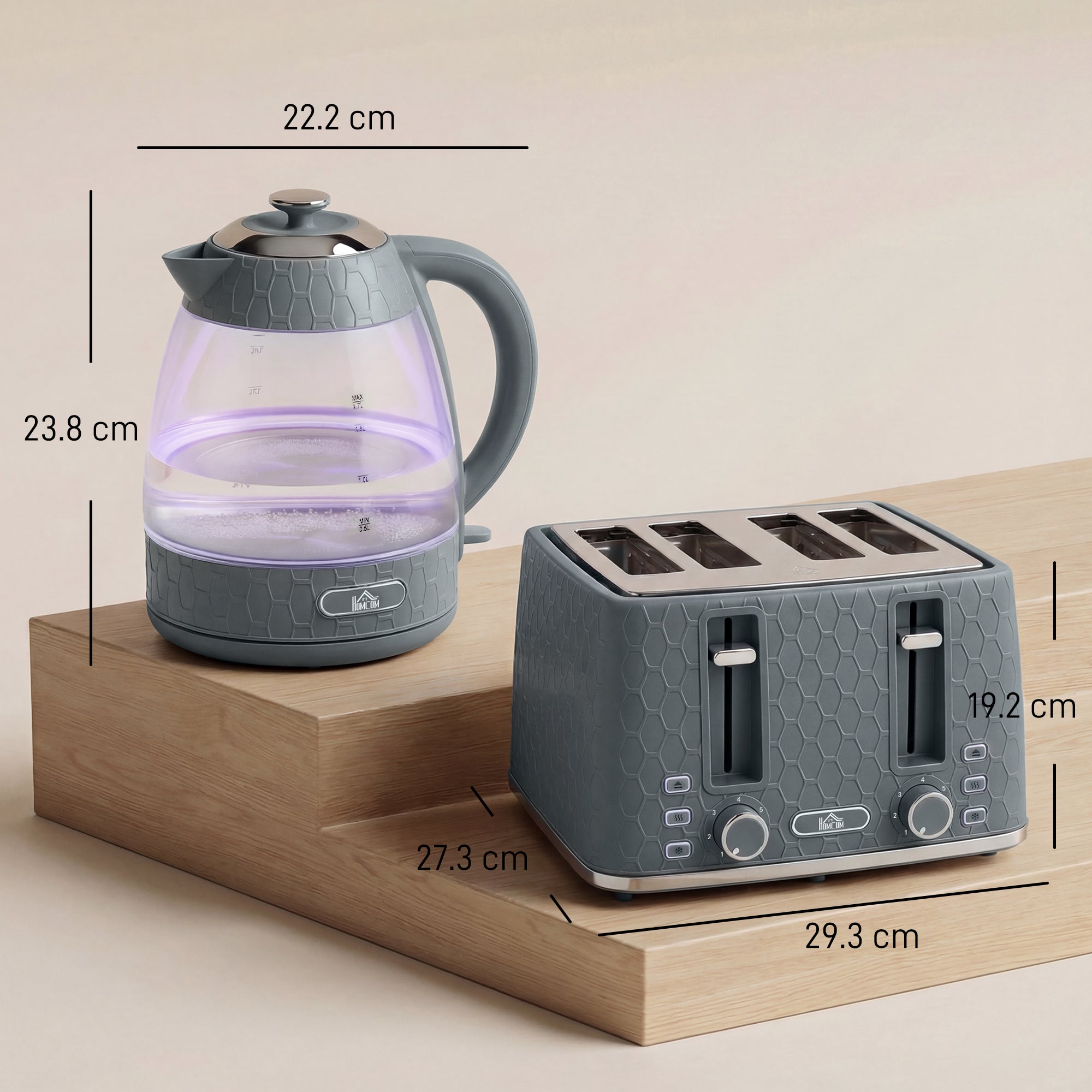 Kettle and Toaster Set, 1.7L 3000W Rapid Boil Jug Kettle with Strix Thermostat, Limescale Filter, 4 Slice Toaster with 7 Browning Controls, Crumb Tray, Grey