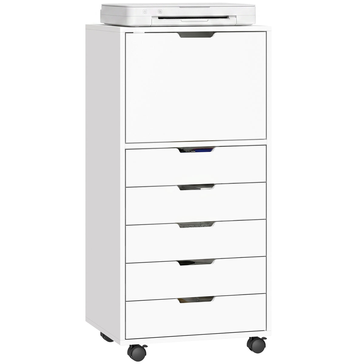 5 Drawer Vertical File Cabinet with Lockable Wheels and Soft-Close Cabinet, Mobile Filing Cabinet for Home Office, Rolling Printer Stand for A4 Letter-Size Documents, White