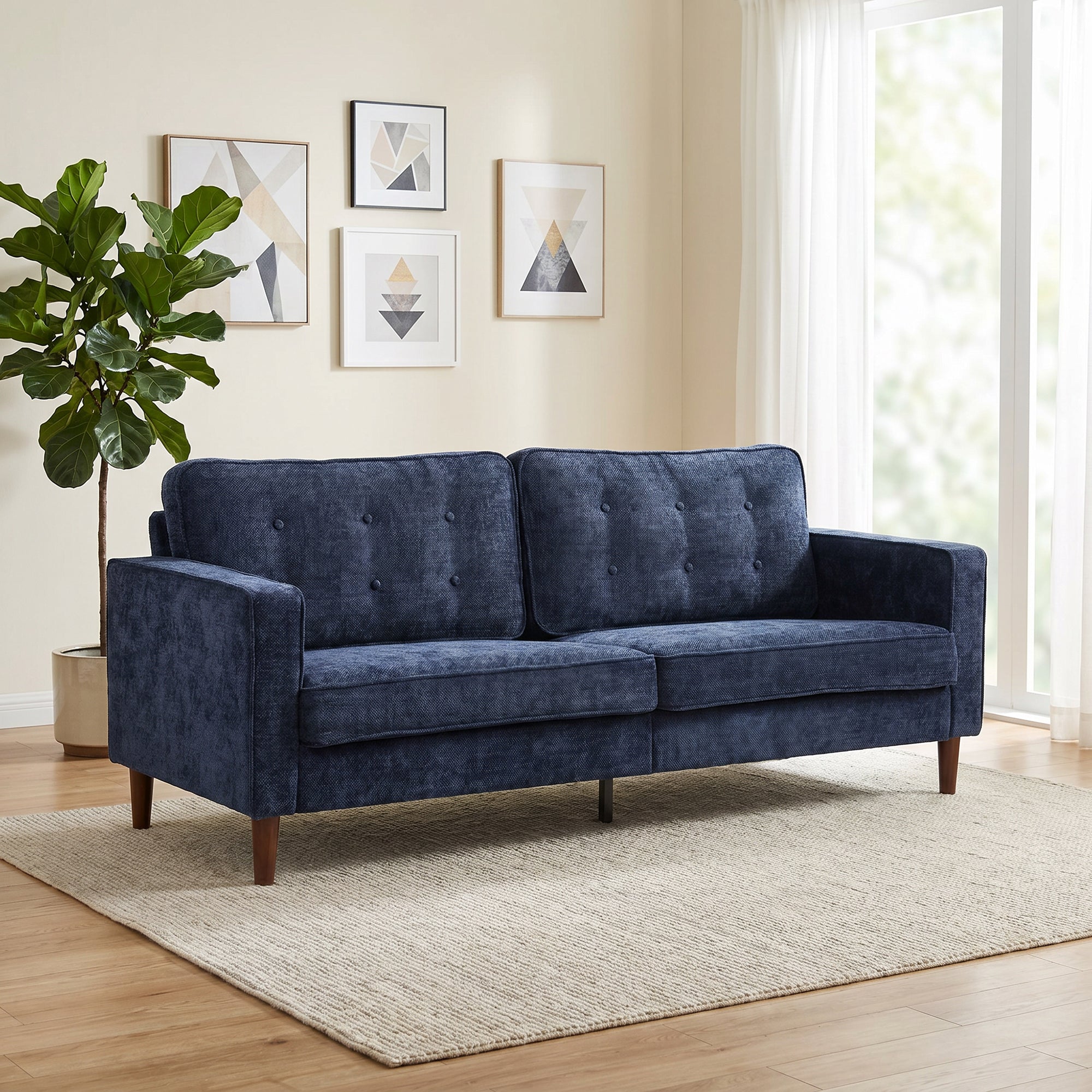 3 Seater Sofa, Upholstered Small Couch for Bedroom, Modern Futon Sofa Settee with Padded Cushion, Button Tufting and Wood Legs for Living Room, Dark Blue
