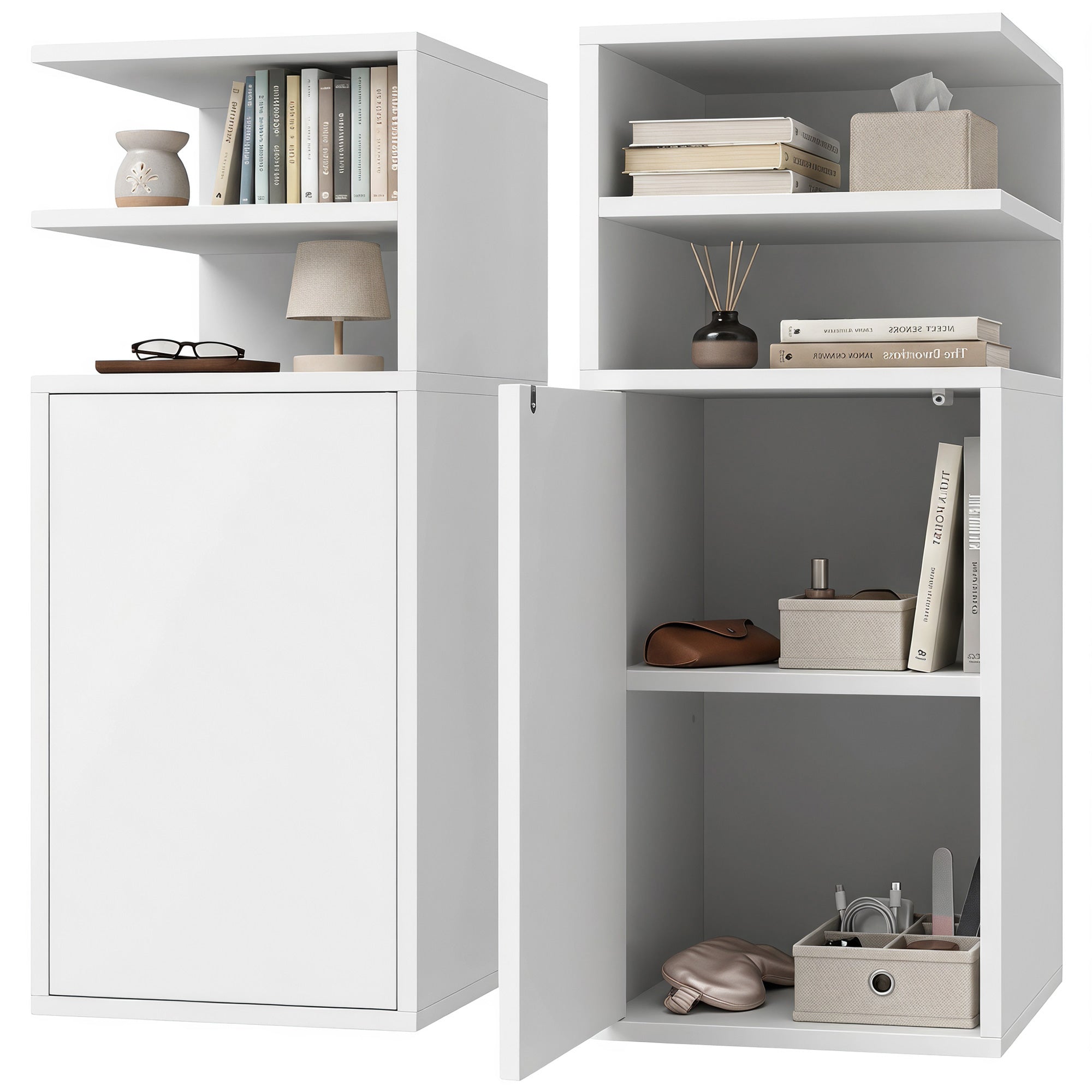 Slim Bedside Table Set of 2, Narrow Bedside Cabinet with Open Cubbies and Cupboard, Side End Table for Bedroom Living Room Compact Nooks, 30 x 25 x 60 cm, White