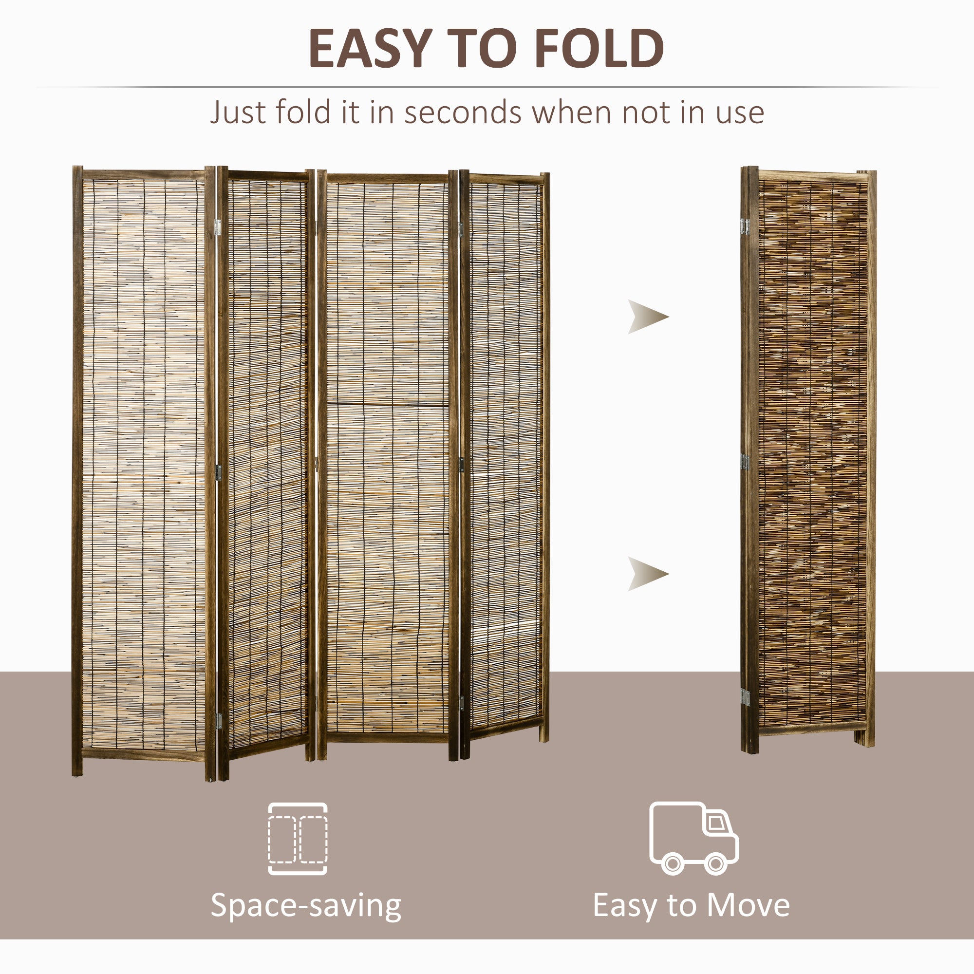 Hand Woven Room Divider 4 Panel Folding Privacy Screen Indoor Reed Partition Wall 63"x67" - HOMCOM