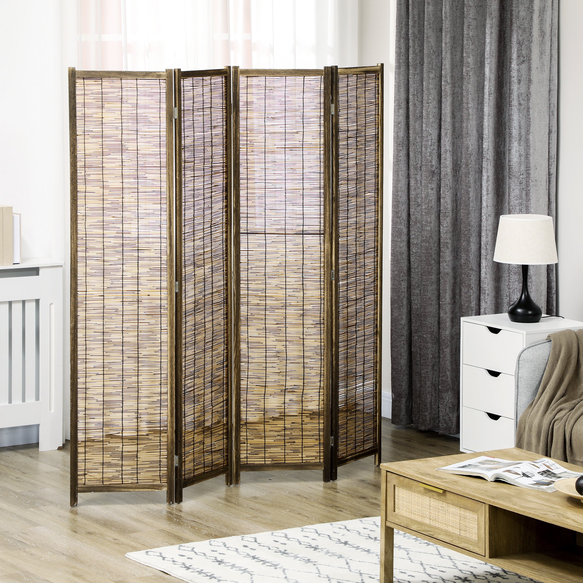 Hand Woven Room Divider 4 Panel Folding Privacy Screen Indoor Reed Partition Wall 63"x67" - HOMCOM