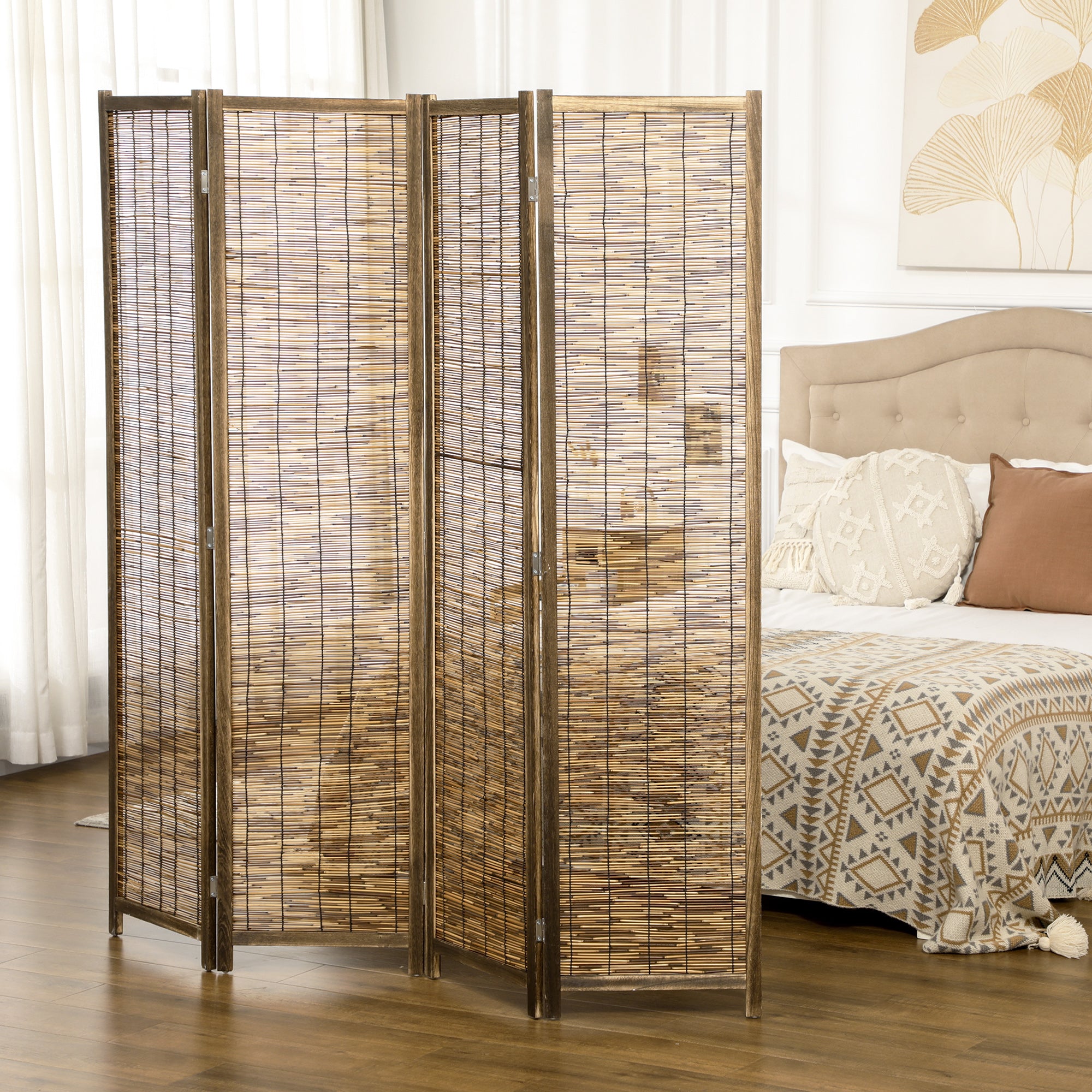 Hand Woven Room Divider 4 Panel Folding Privacy Screen Indoor Reed Partition Wall 63"x67" - HOMCOM