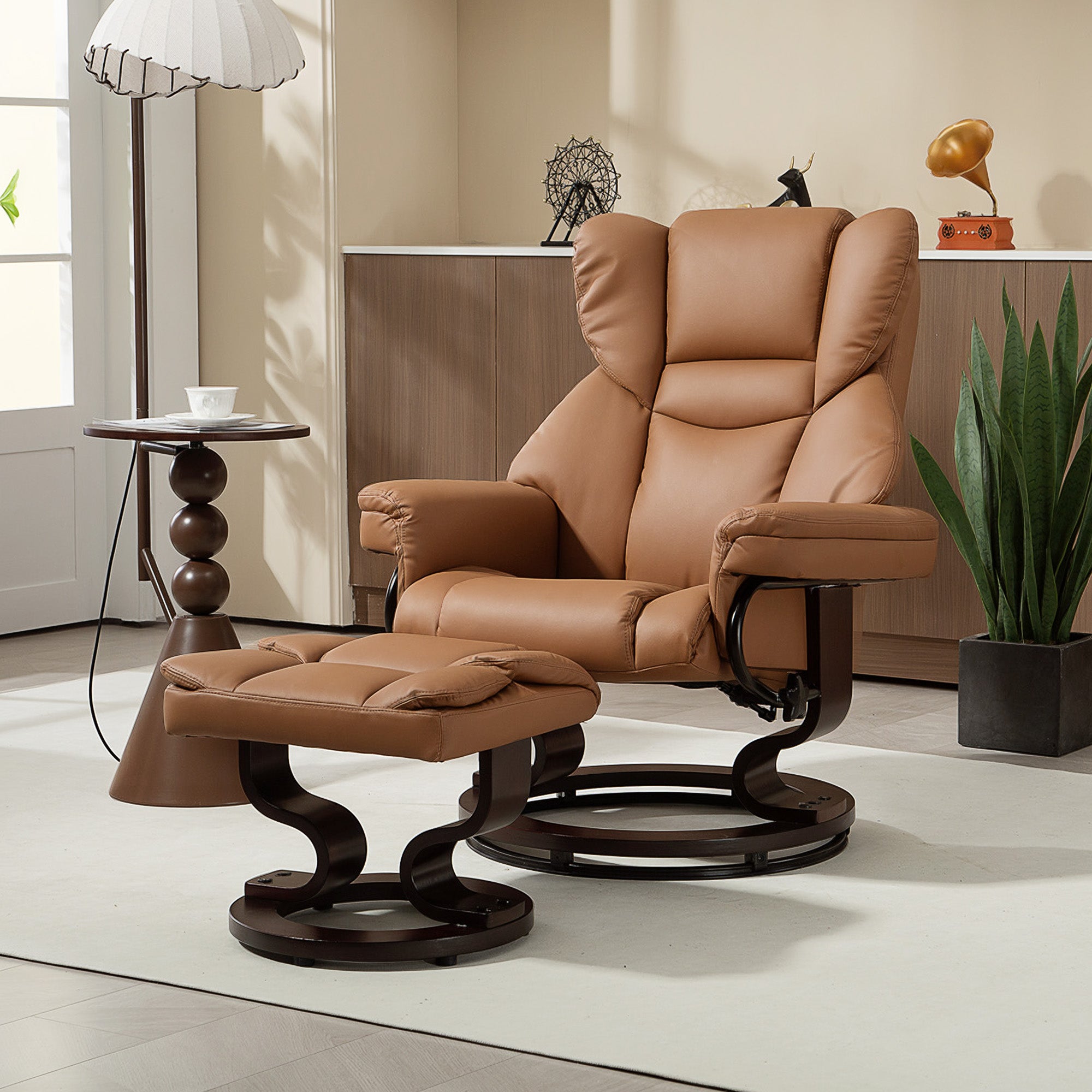 360° Swivel Recliner Chair with Footstool, PU Leather Manual Recliner Armchair with Footstool, Solid Wood Base, Upholstered Reclining Chair for Living Room, Bedroom, Office, Brown