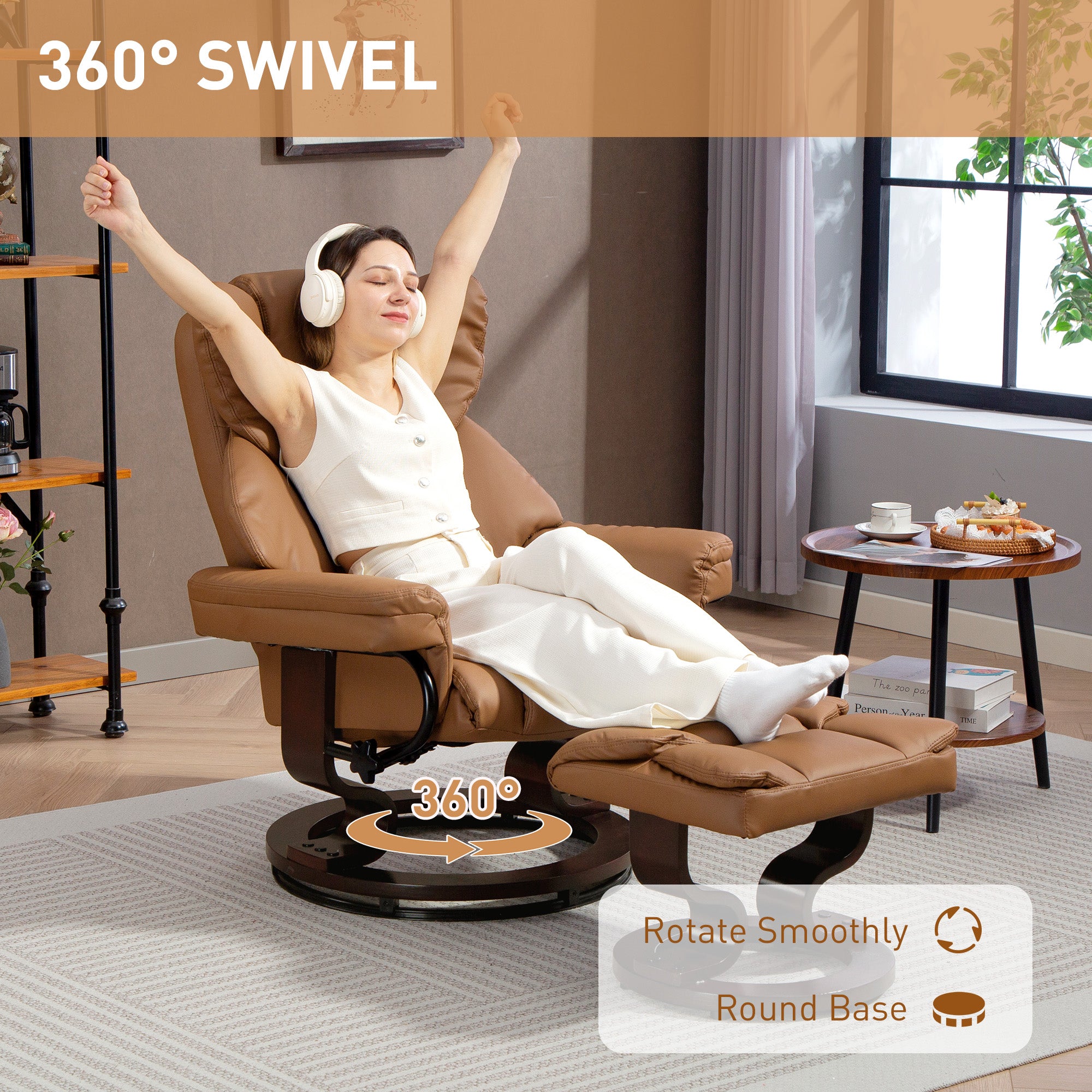 360° Swivel Recliner Chair with Footstool, PU Leather Manual Recliner Armchair with Footstool, Solid Wood Base, Upholstered Reclining Chair for Living Room, Bedroom, Office, Brown
